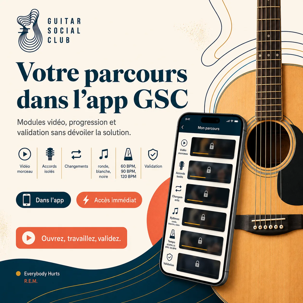 Mockup app Guitar Social Club du parcours Everybody Hurts