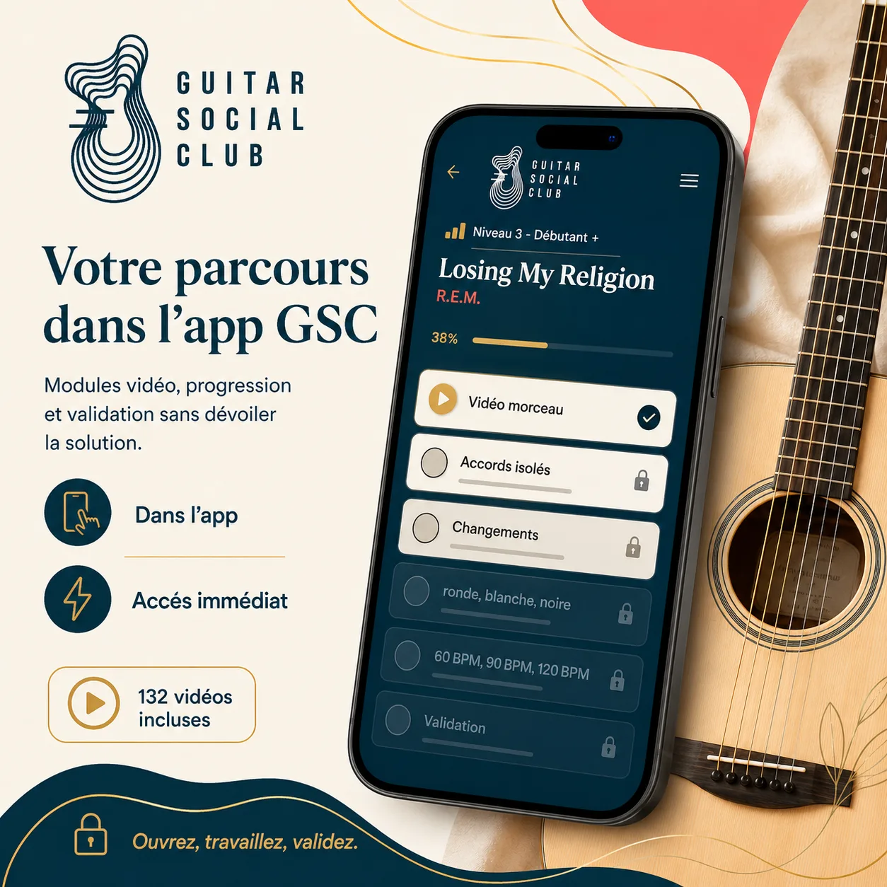 Mockup app Guitar Social Club du parcours Losing My Religion