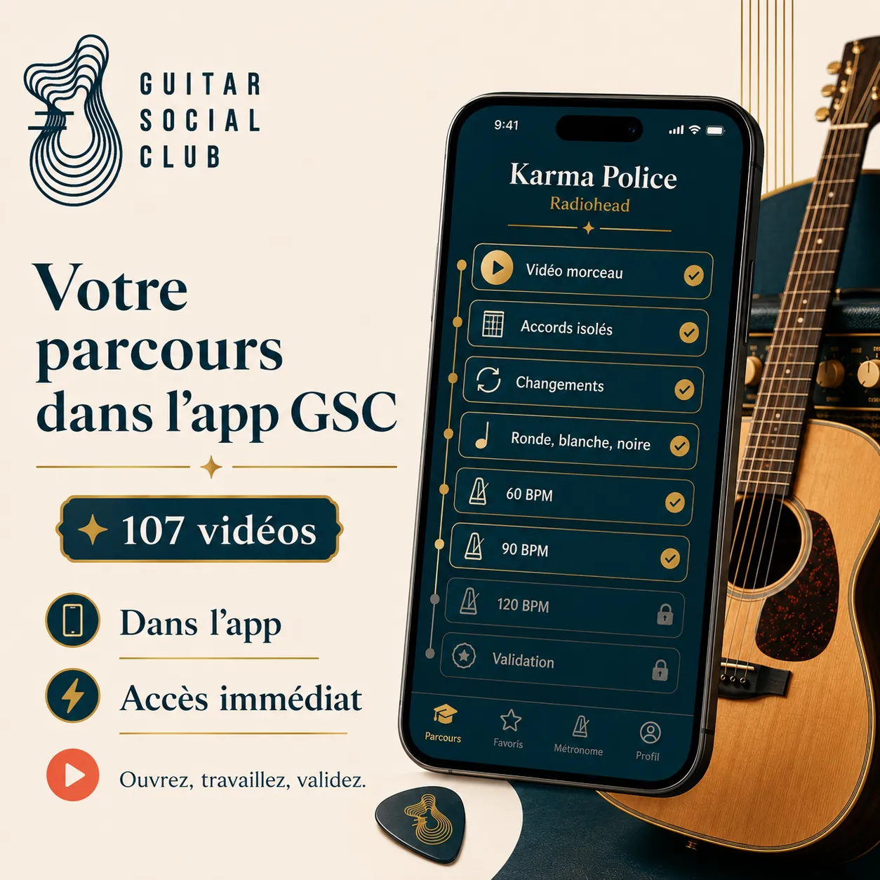 Mockup app Guitar Social Club du parcours Karma Police