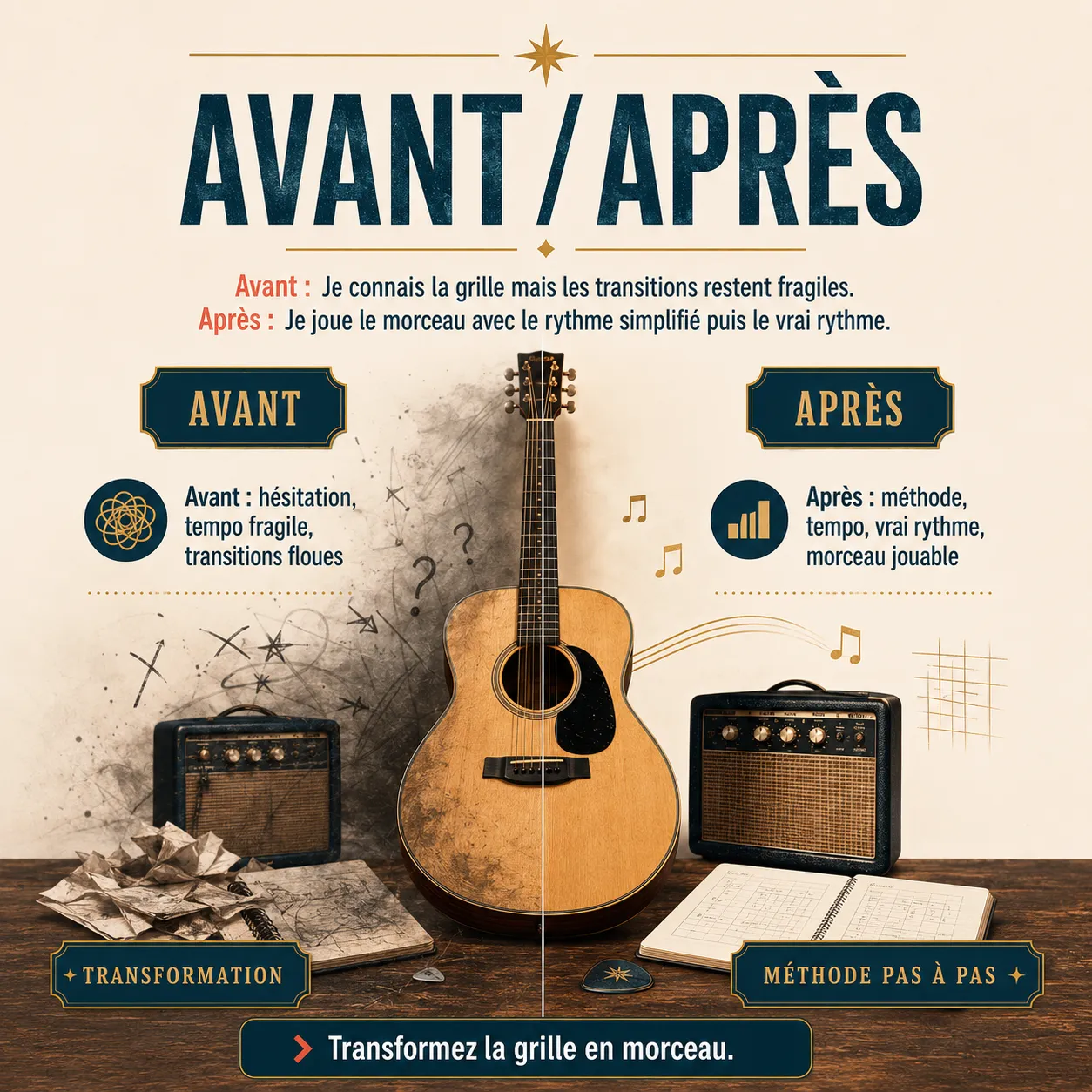 Avant après pédagogique pour transformer la grille en morceau sur The Bends