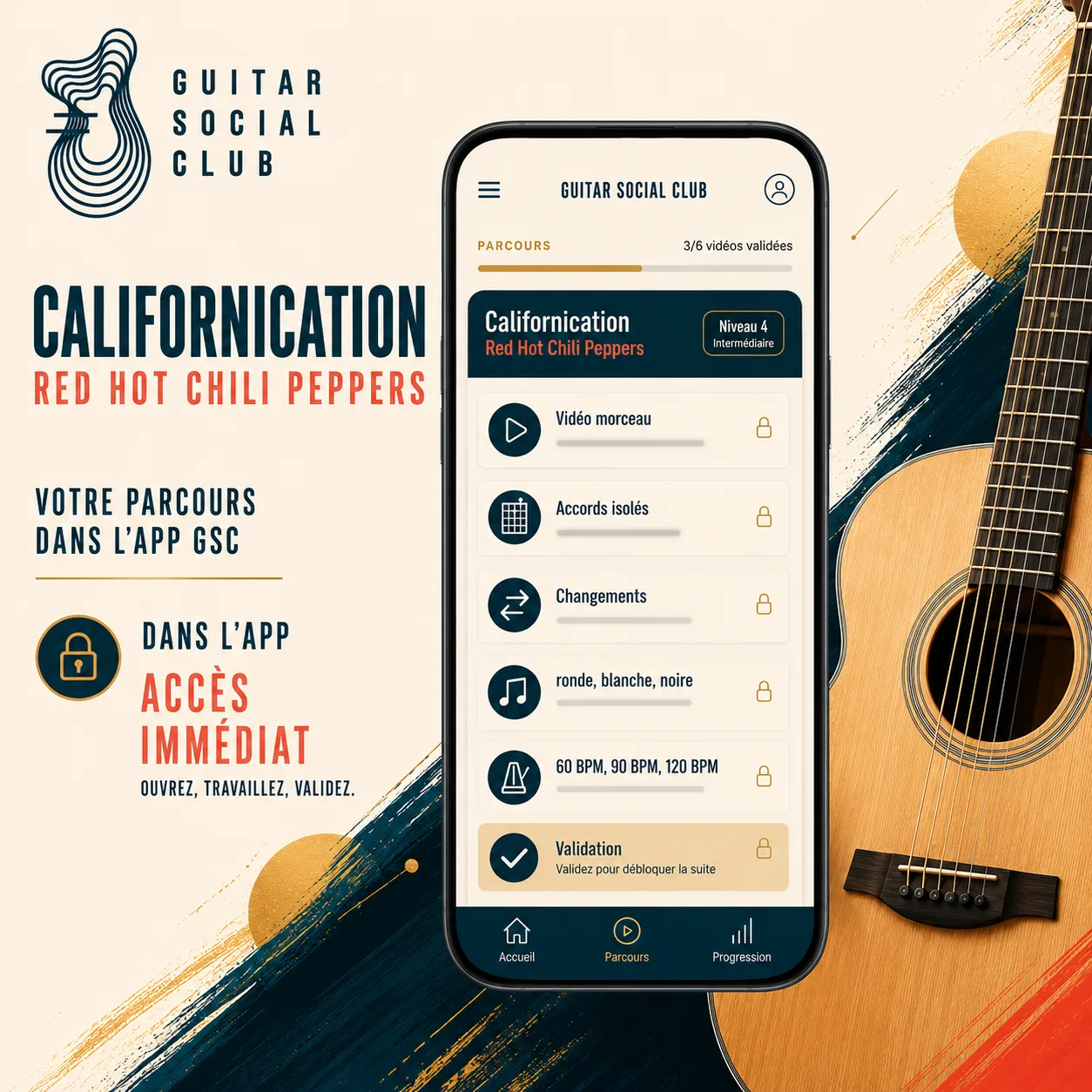 Mockup app Guitar Social Club du parcours Californication