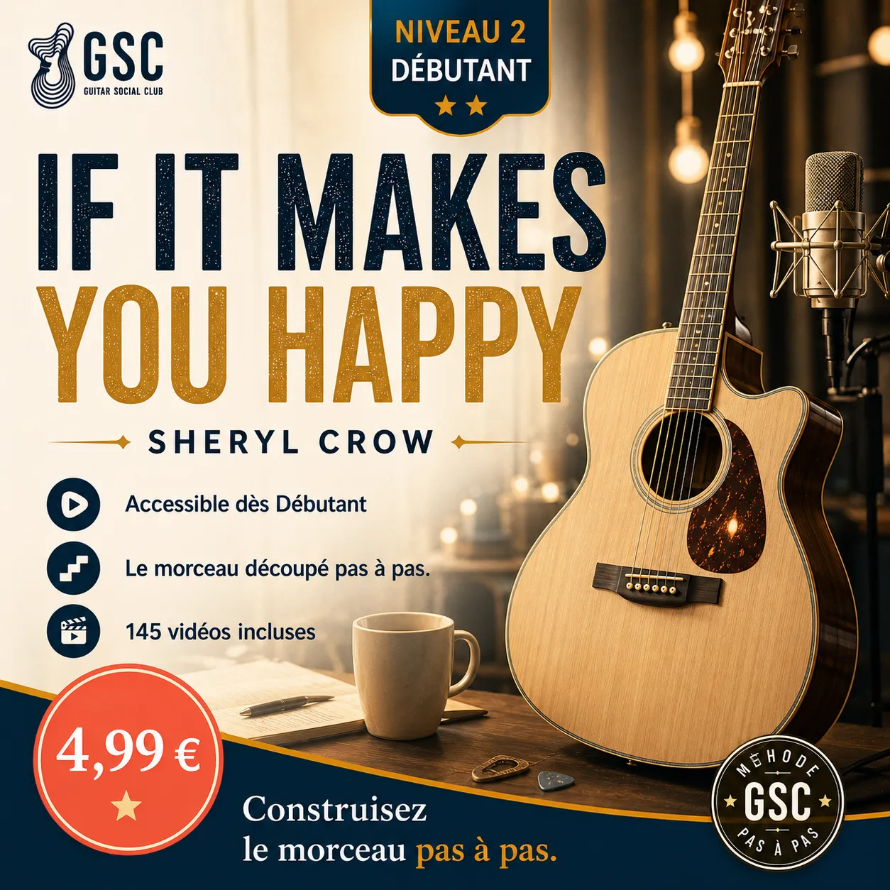 Ambiance ballade radio lumineuse avec guitare acoustique et studio doux pour If It Makes You Happy sans pochette ni artiste