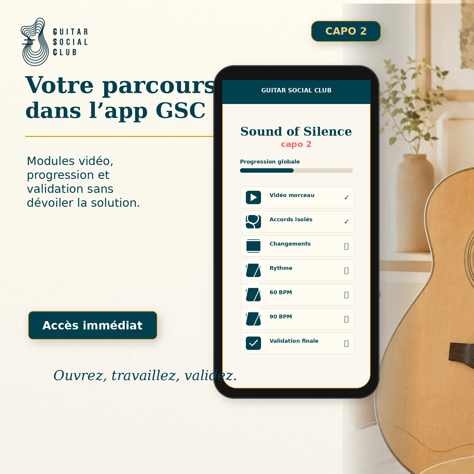 Mockup app Guitar Social Club du parcours Sound of Silence capo 2