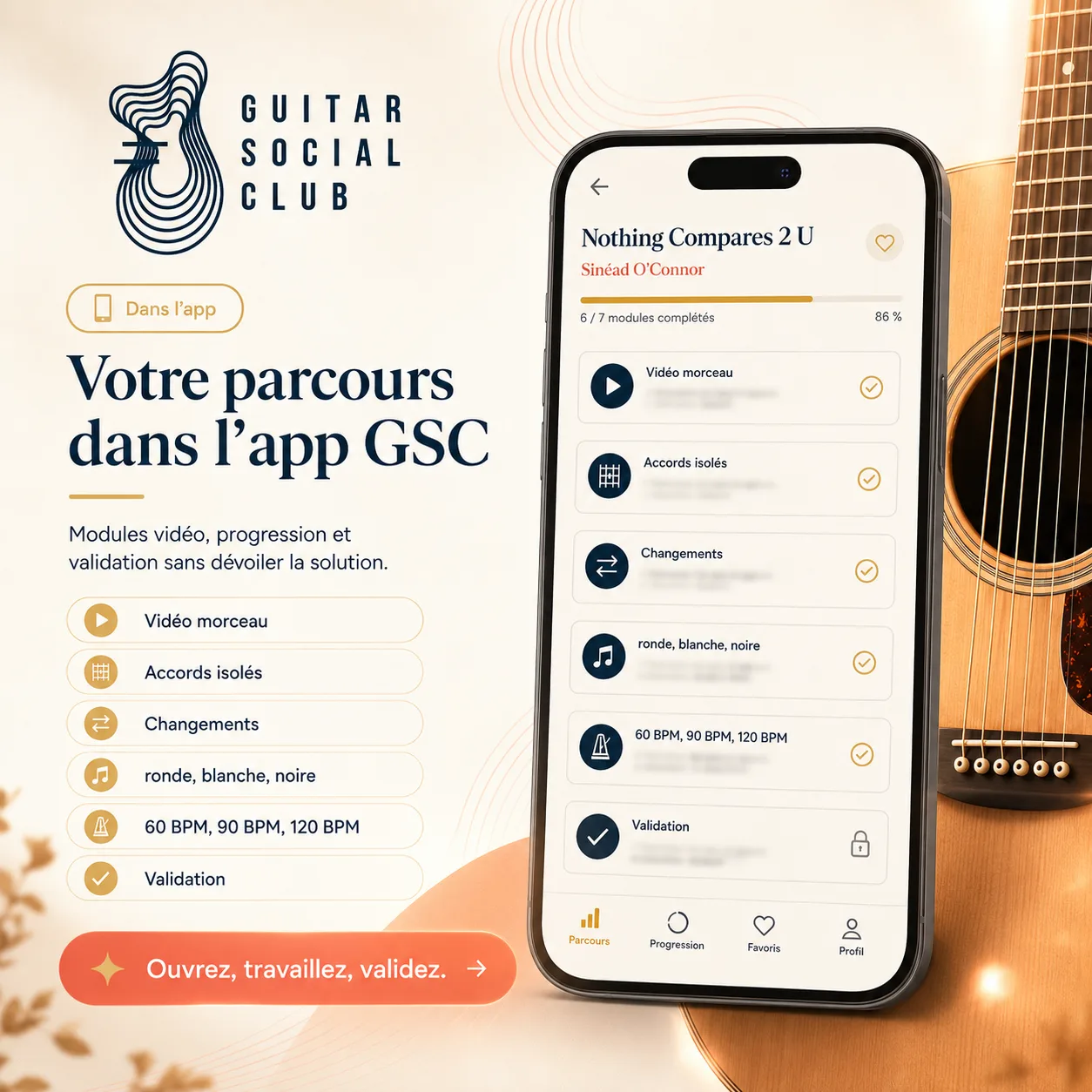 Mockup app Guitar Social Club du parcours Nothing Compares 2 U