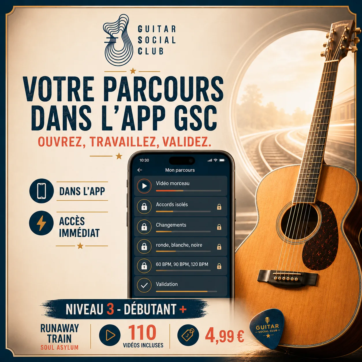 Mockup app Guitar Social Club du parcours Runaway Train