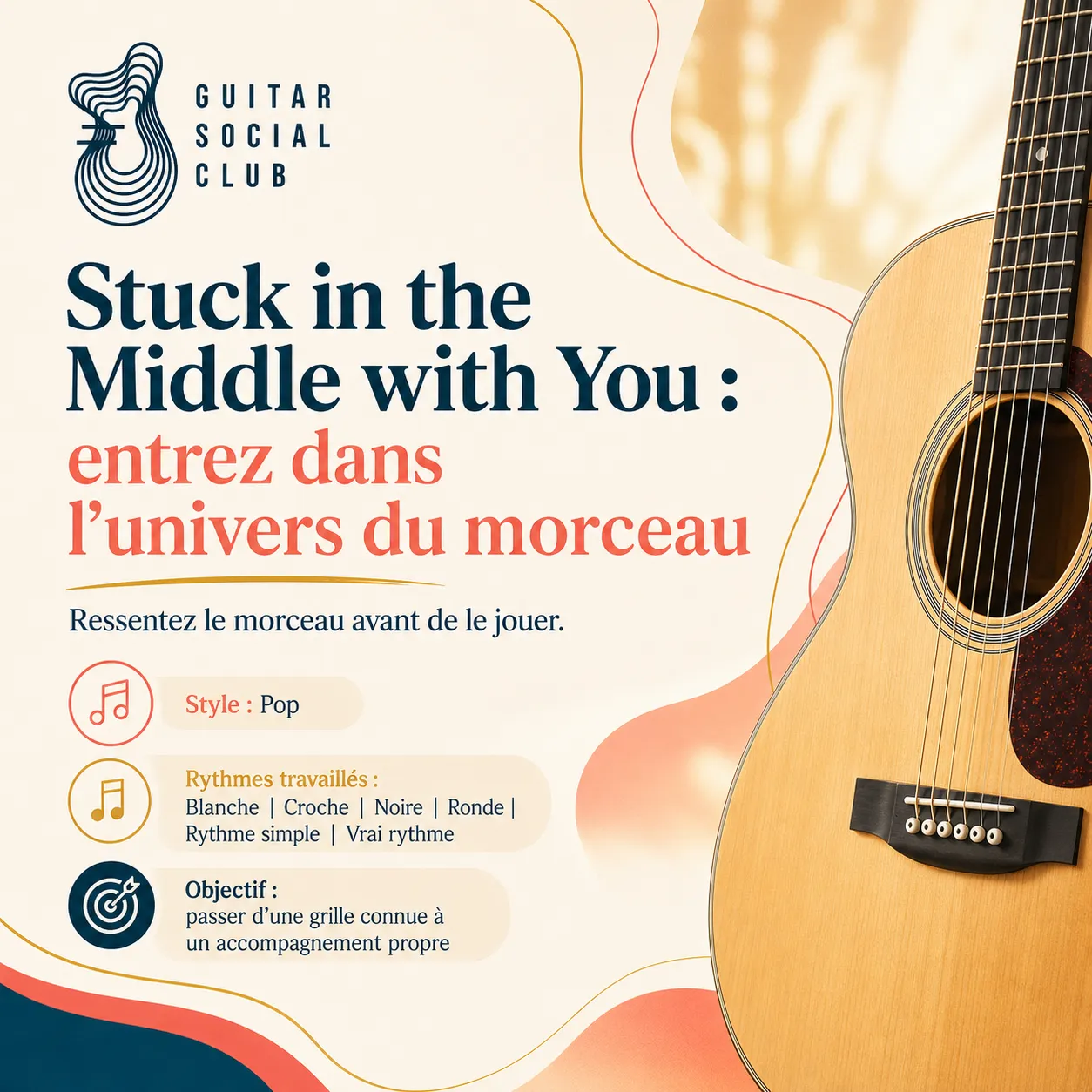 Ambiance pop acoustique moderne avec guitare claire pour Stuck in the Middle with You sans pochette ni artiste
