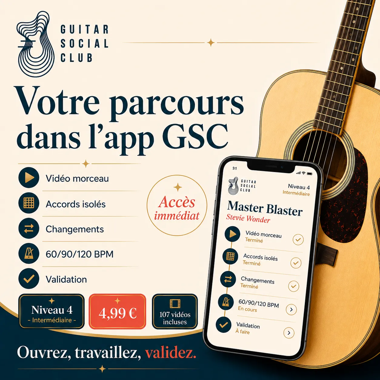 Mockup app Guitar Social Club du parcours Master Blaster