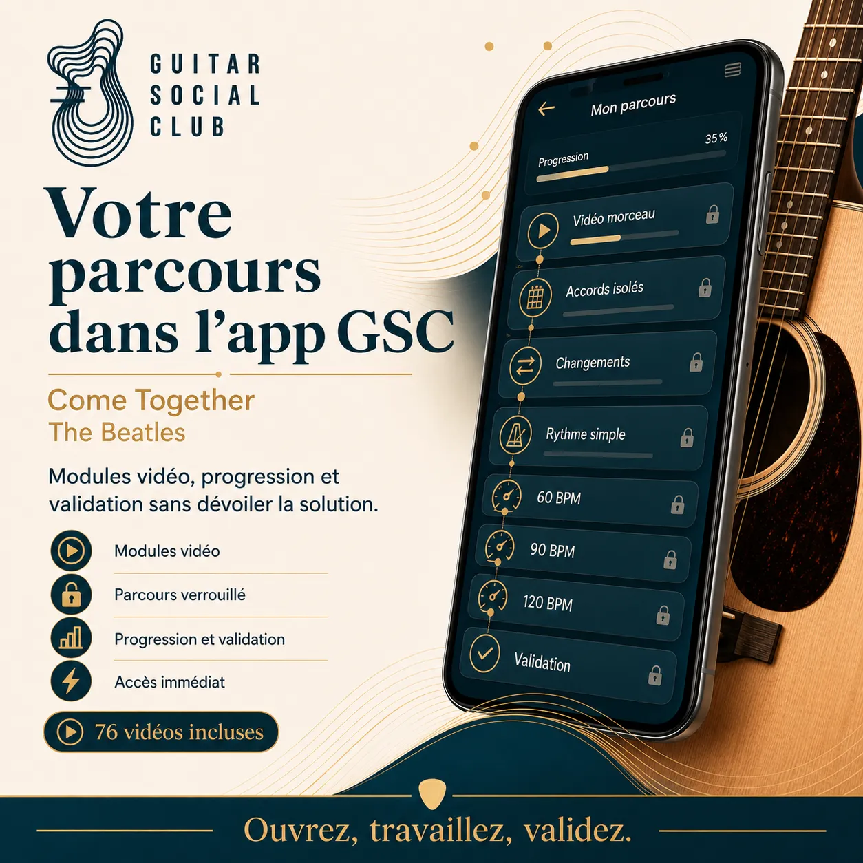 Mockup app Guitar Social Club du parcours Come Together