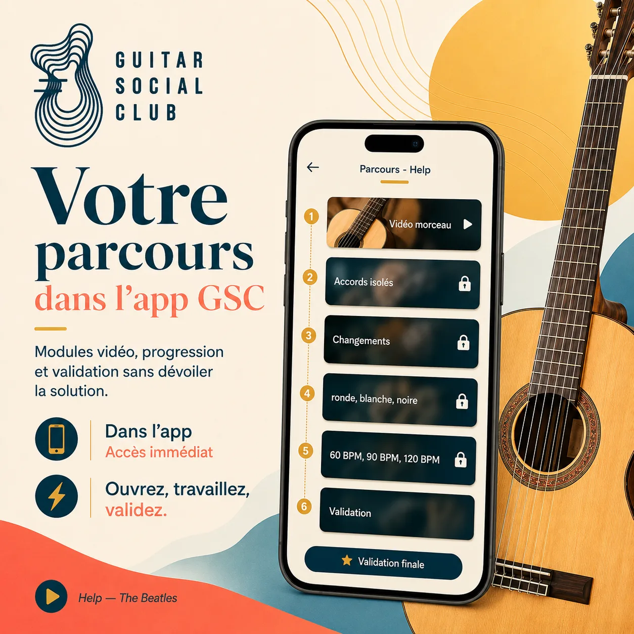 Mockup app Guitar Social Club du parcours Help
