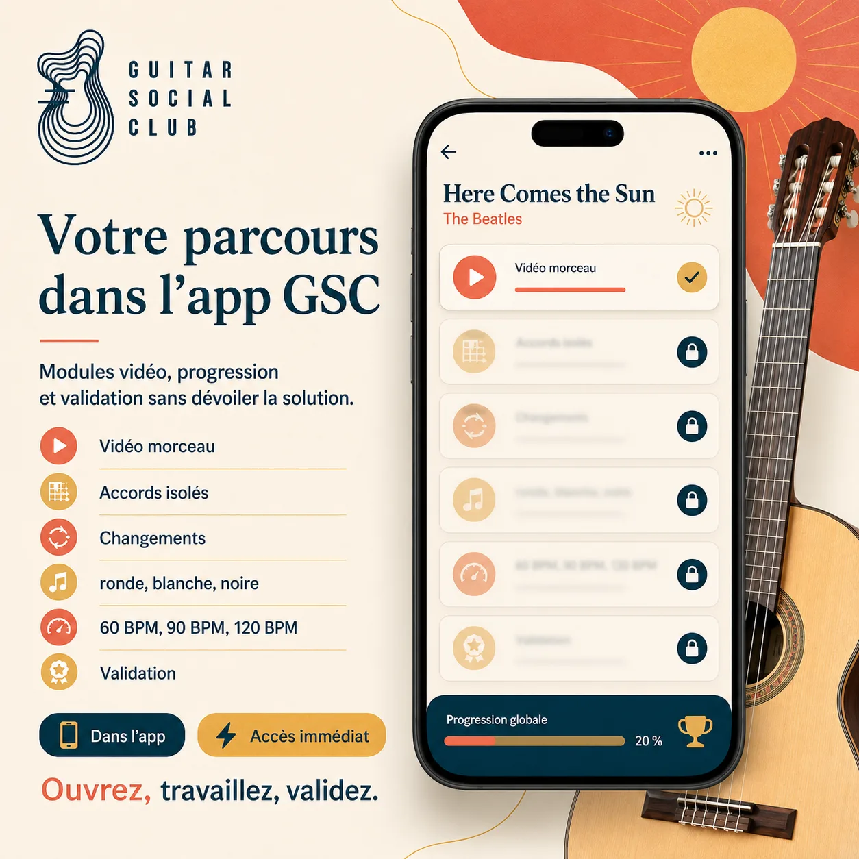 Mockup app Guitar Social Club du parcours Here Comes the Sun