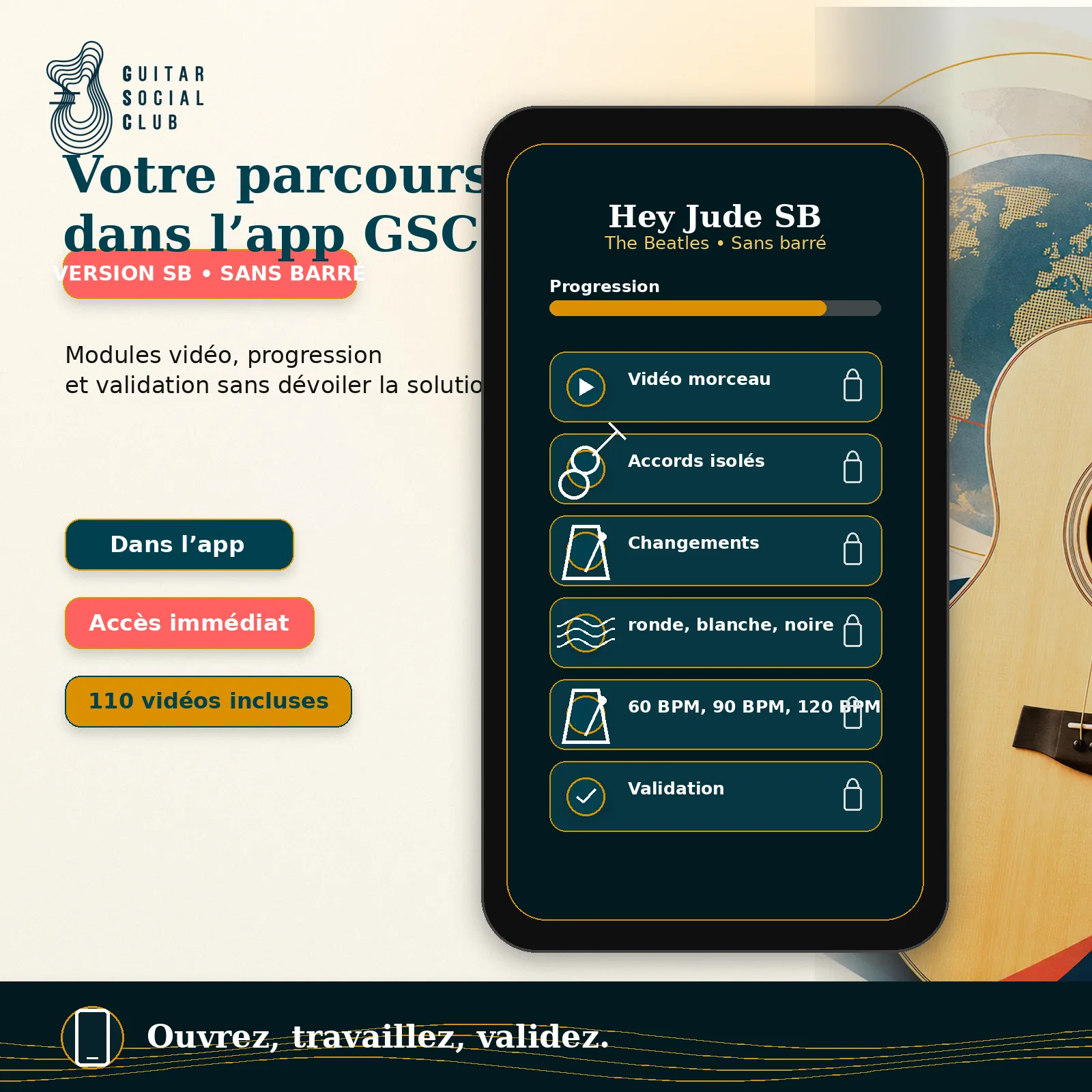 Mockup app Guitar Social Club du parcours Hey Jude
