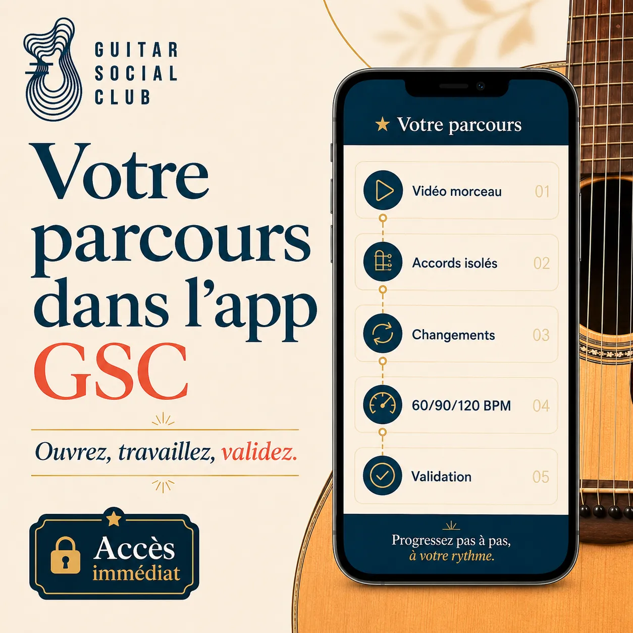 Mockup app Guitar Social Club du parcours Hey Jude