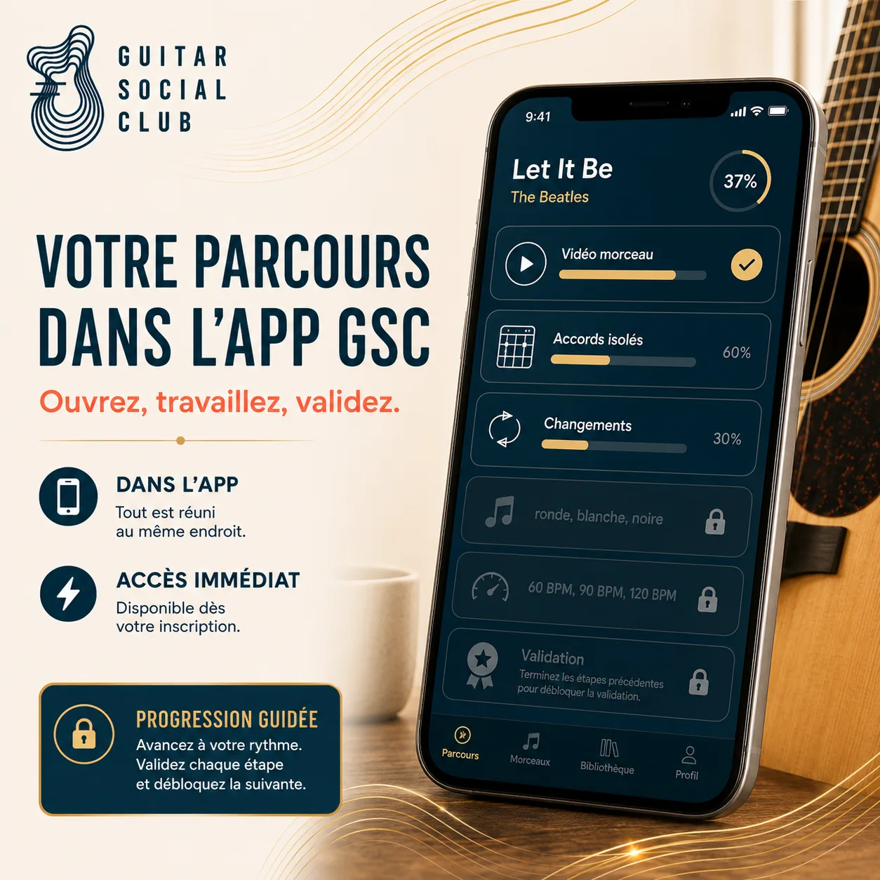 Mockup app Guitar Social Club du parcours Let It Be