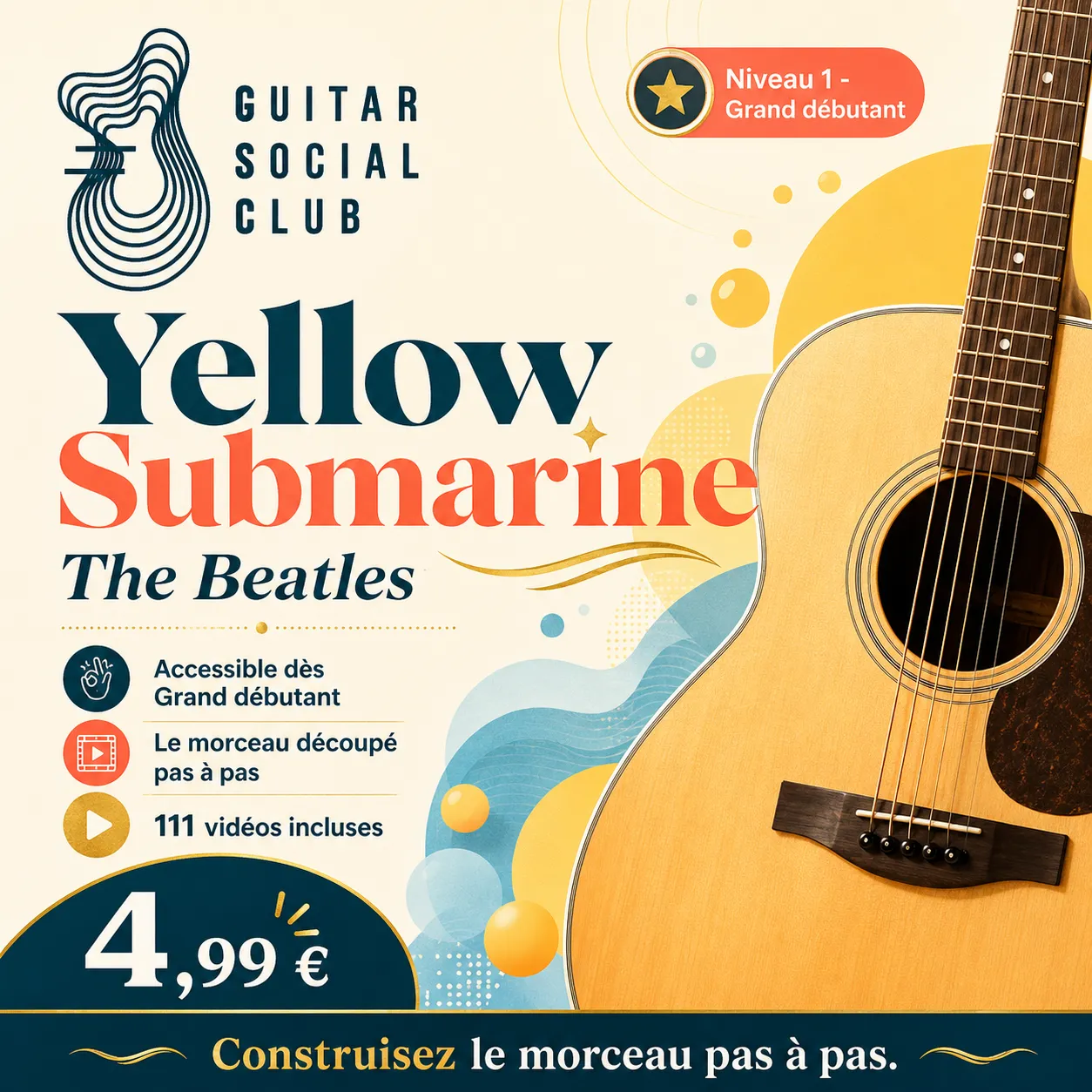 Couverture boutique lumineuse de Yellow Submarine avec univers pop ludique pour Guitar Social Club