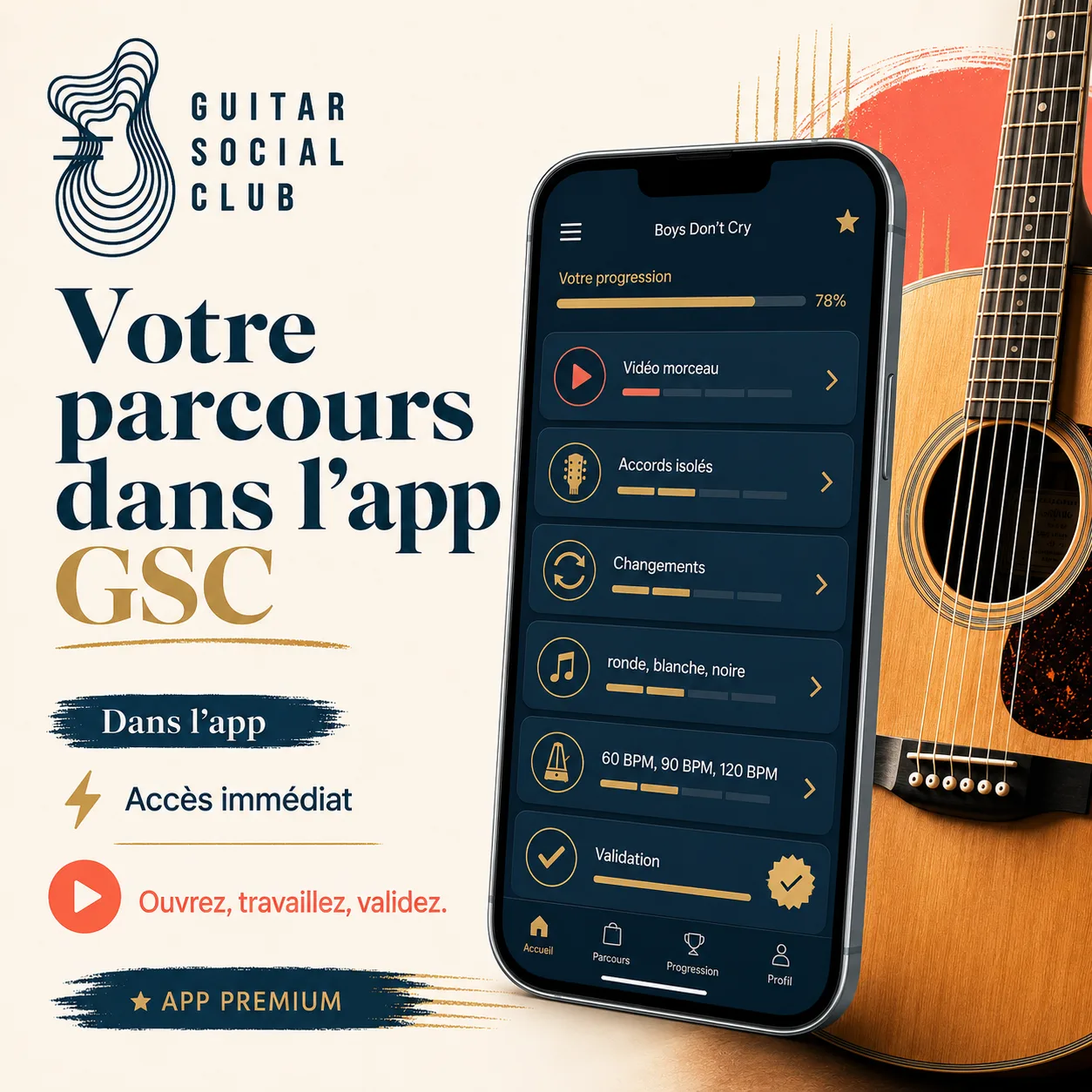 Mockup app Guitar Social Club du parcours Boys Don't Cry