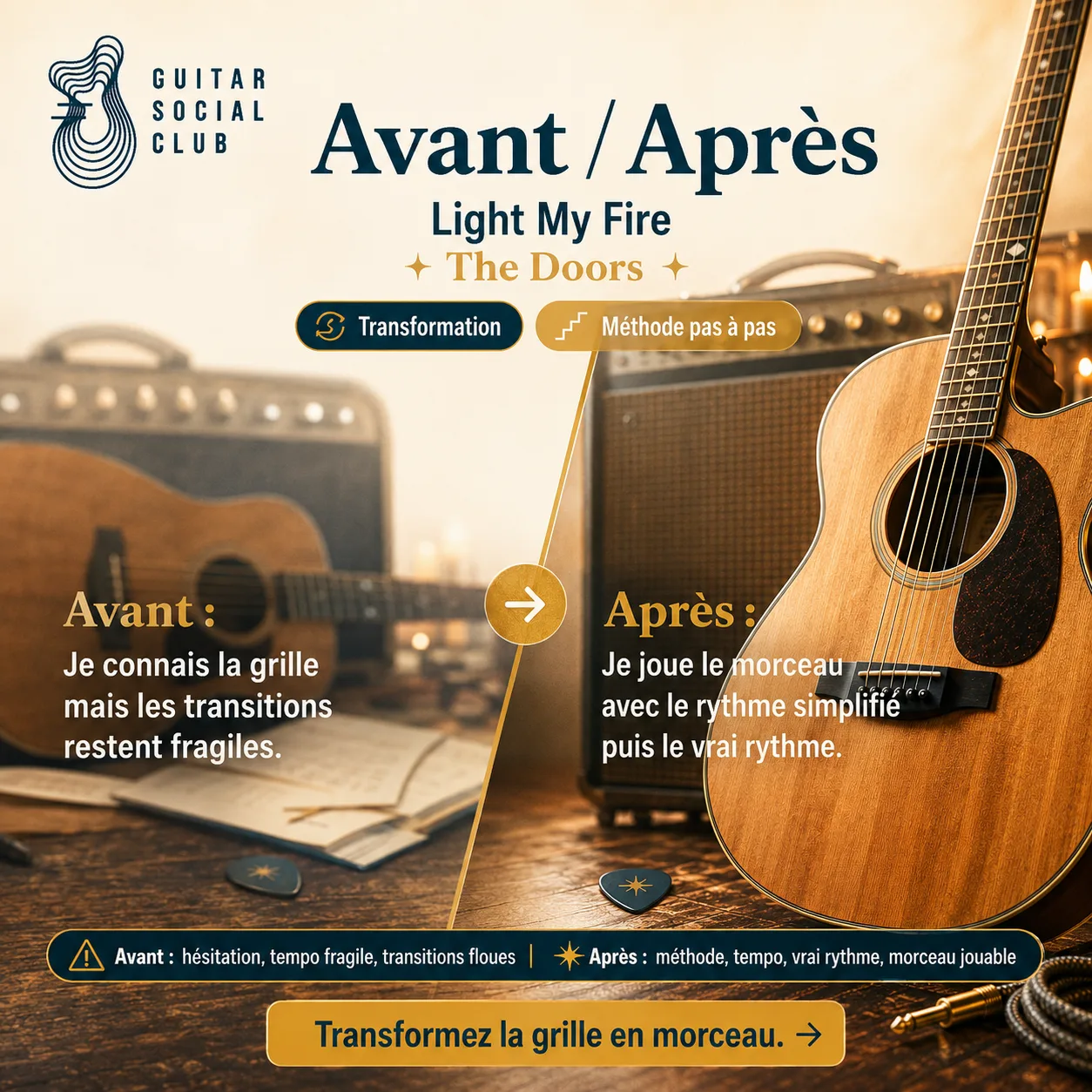 Avant après pédagogique pour transformer la grille en morceau sur Light My Fire
