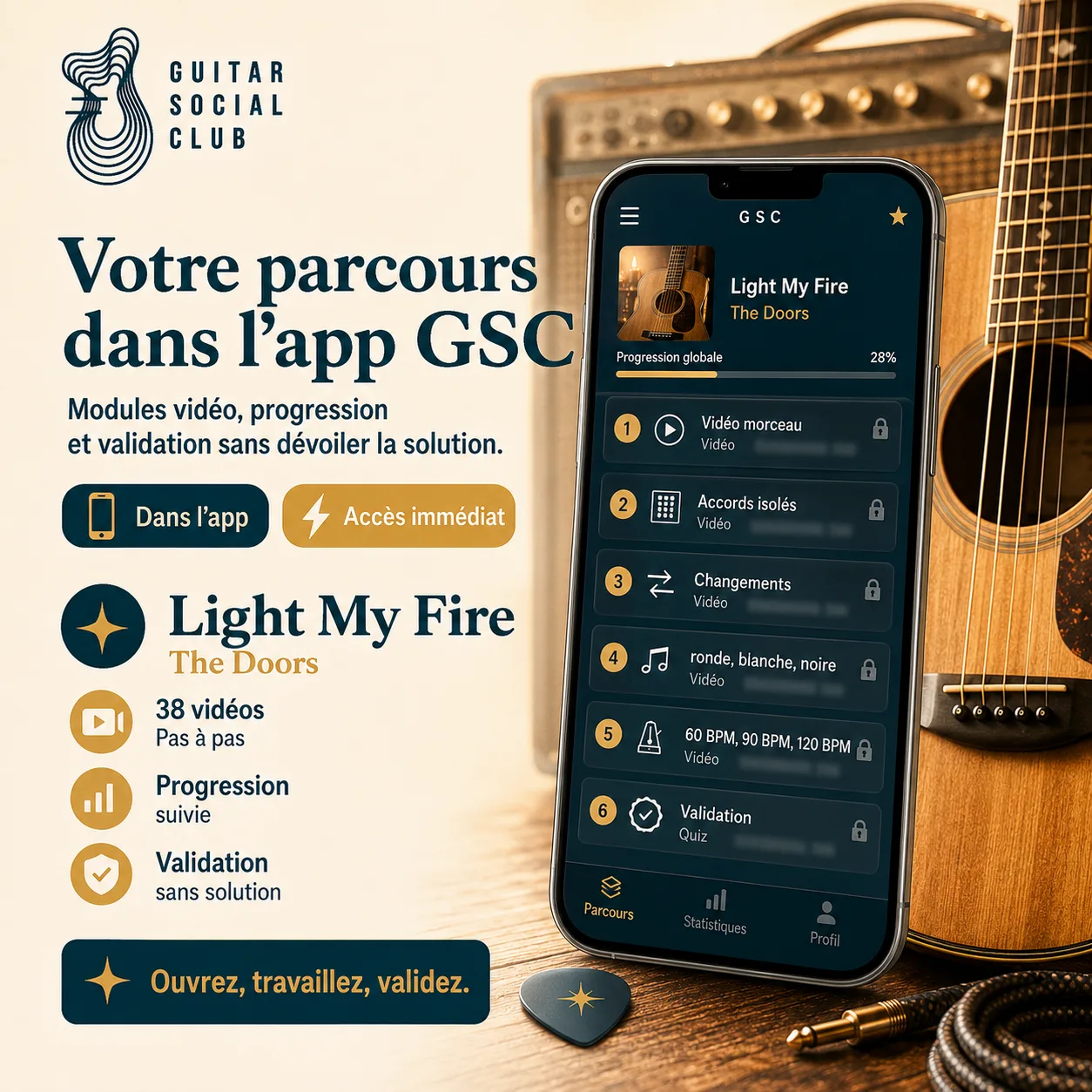 Mockup app Guitar Social Club du parcours Light My Fire