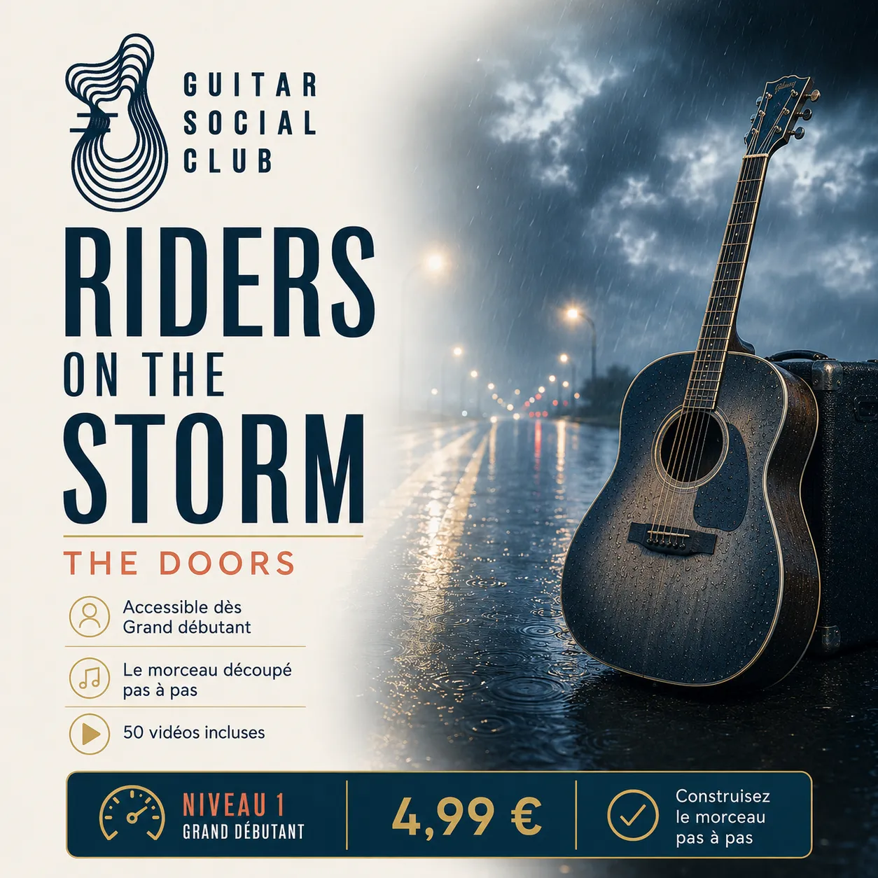 Ambiance route mouillée, pluie et guitare acoustique pour Riders on the Storm sans pochette ni artiste