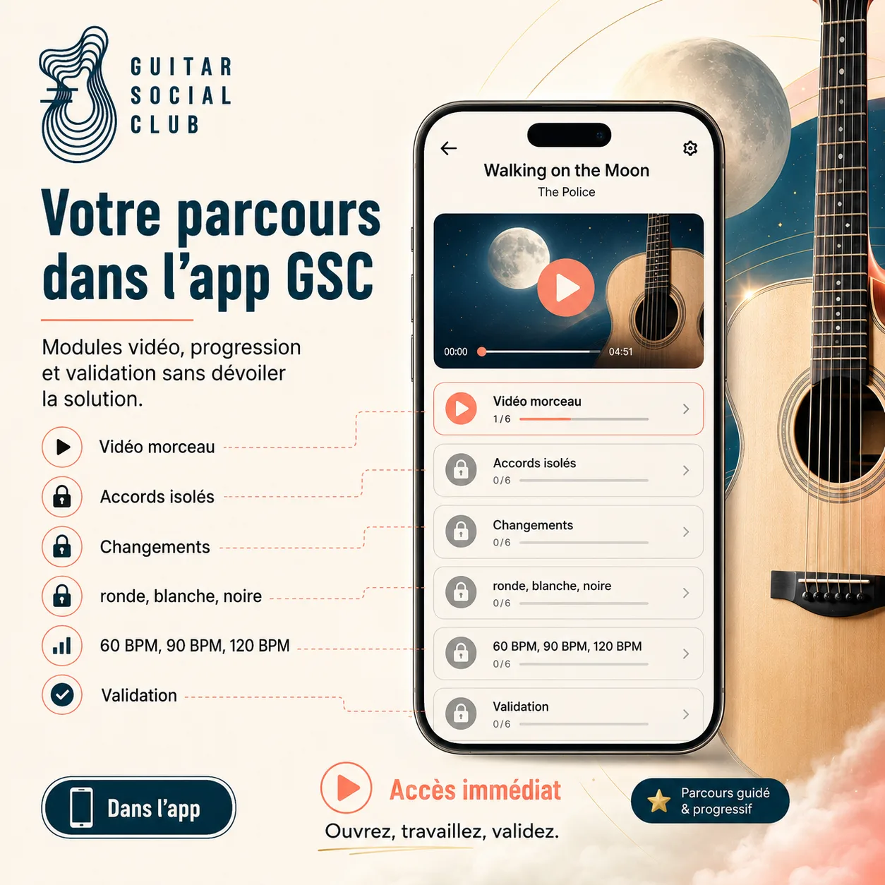 Mockup app Guitar Social Club du parcours Walking on the Moon
