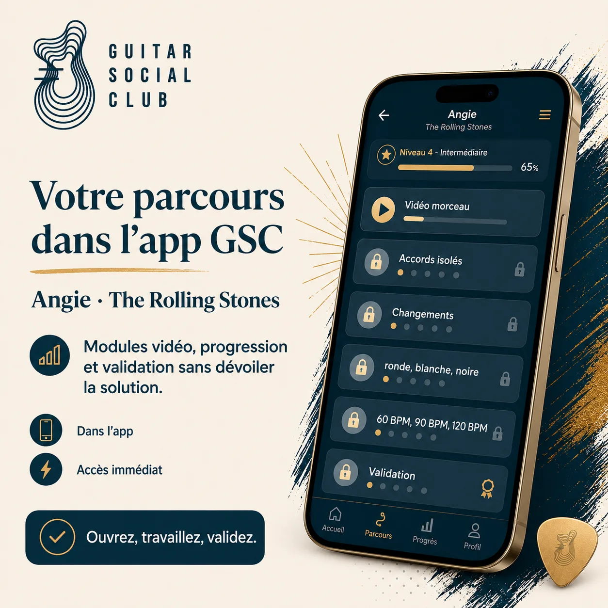 Mockup app Guitar Social Club du parcours Angie