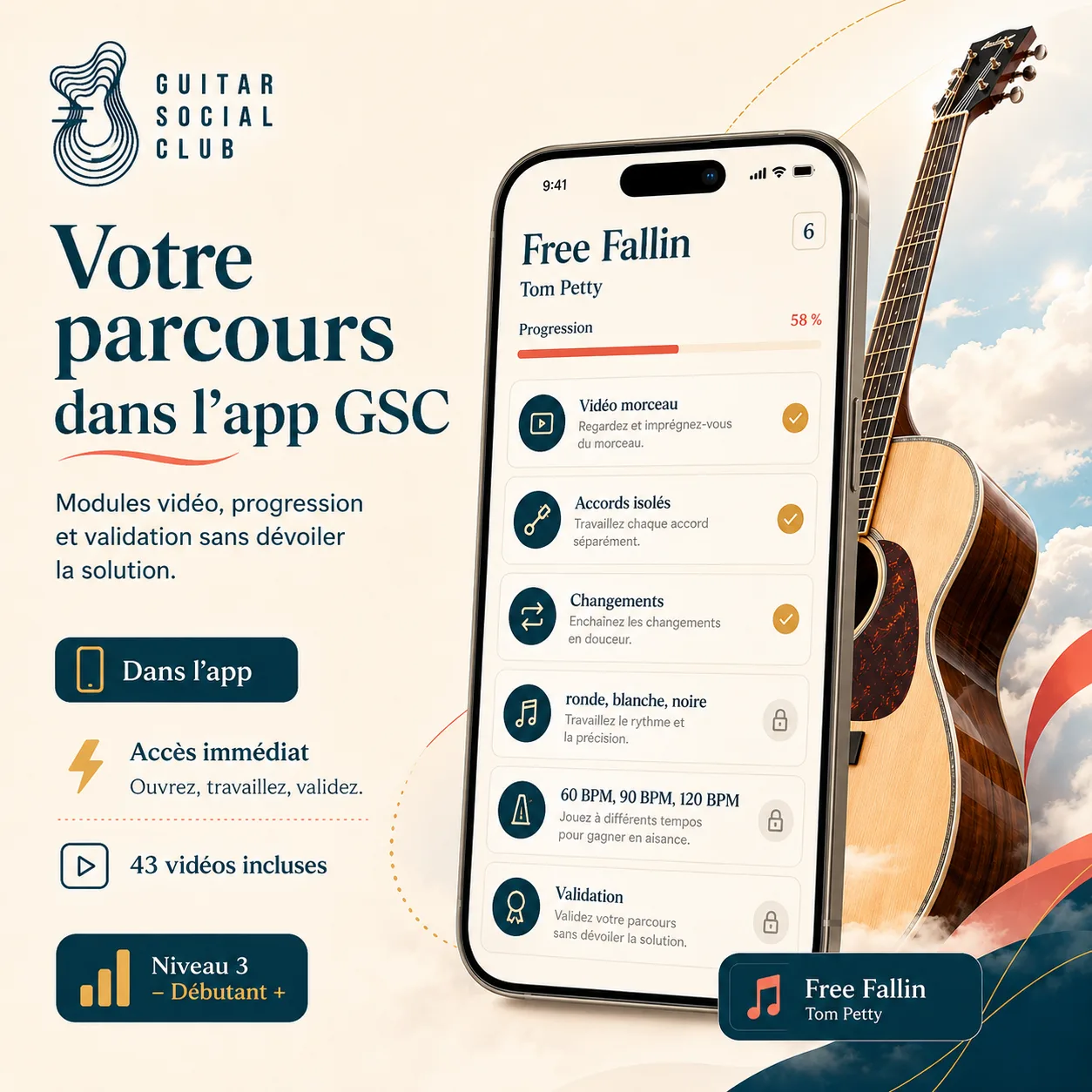 Mockup app Guitar Social Club du parcours Free Fallin