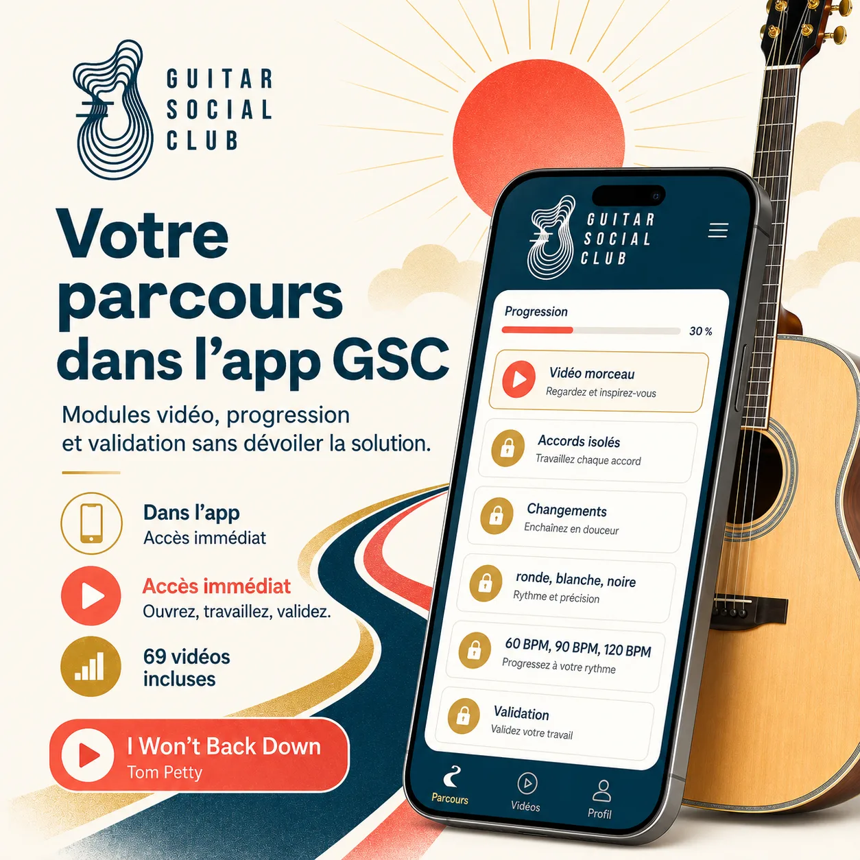 Mockup app Guitar Social Club du parcours I Won't Back Down