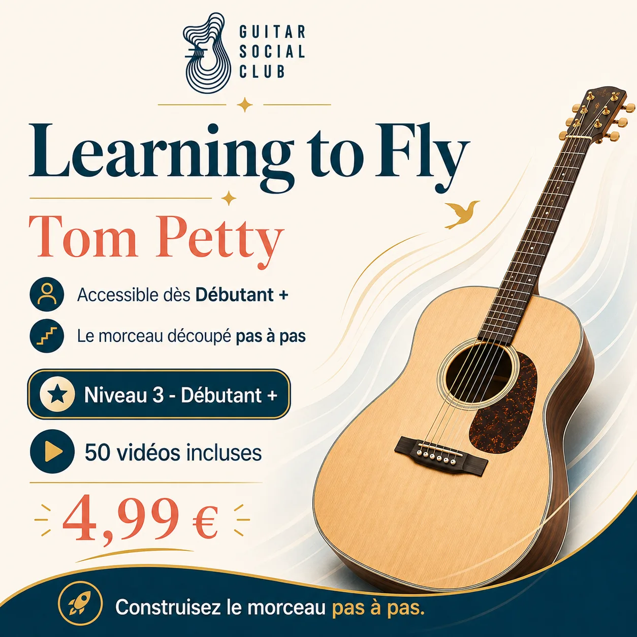 Couverture boutique lumineuse du morceau Learning to Fly - Tom Petty pour Guitar Social Club