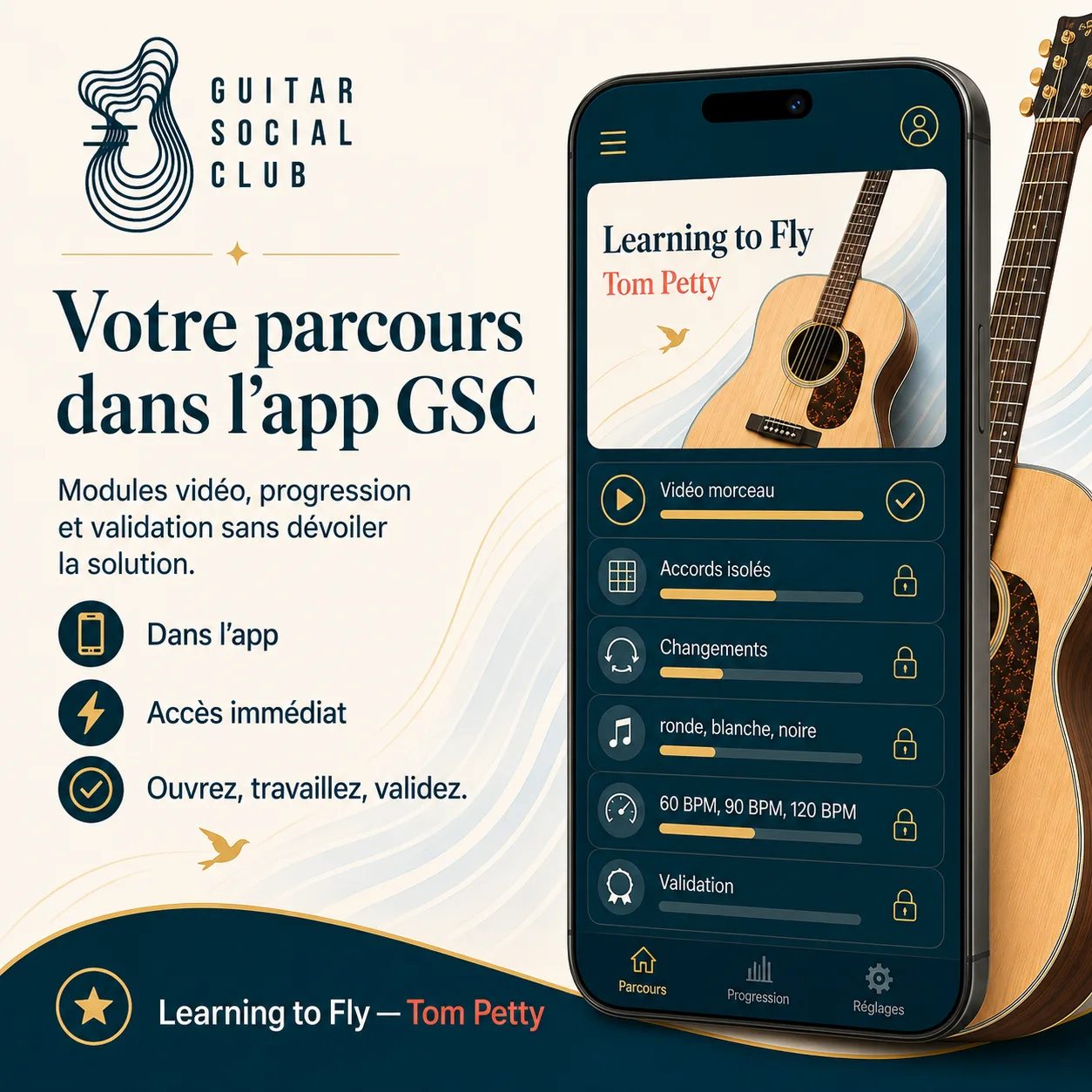 Mockup app Guitar Social Club du parcours Learning to Fly