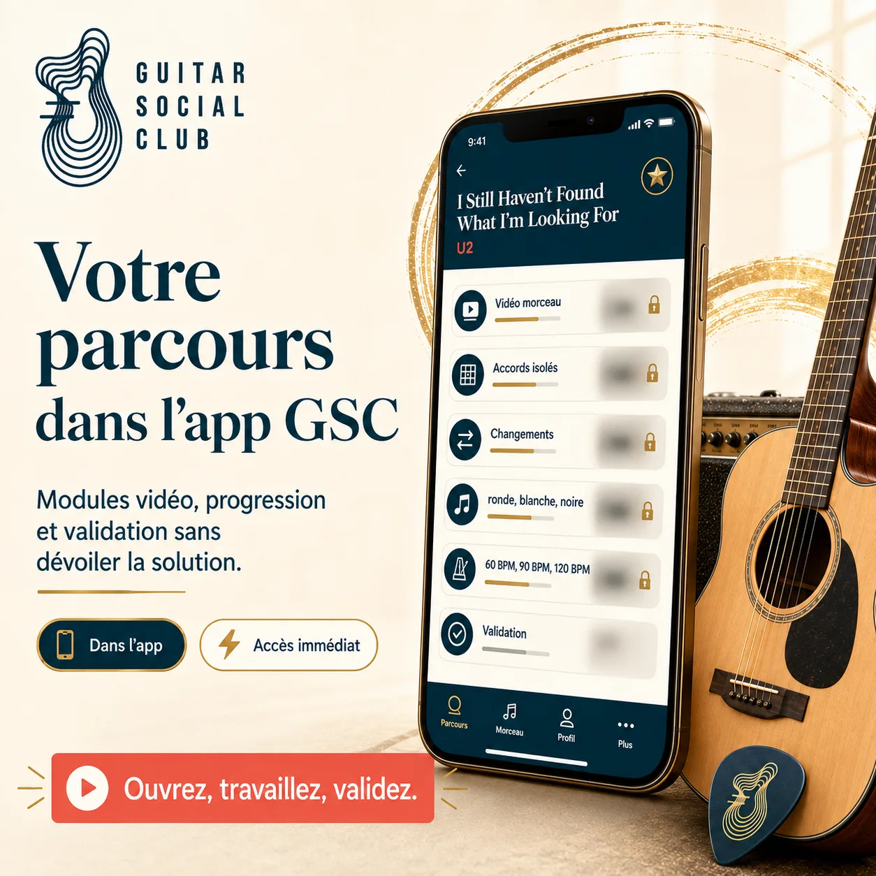 Mockup app Guitar Social Club du parcours I Still Haven't Found What I'm Looking For