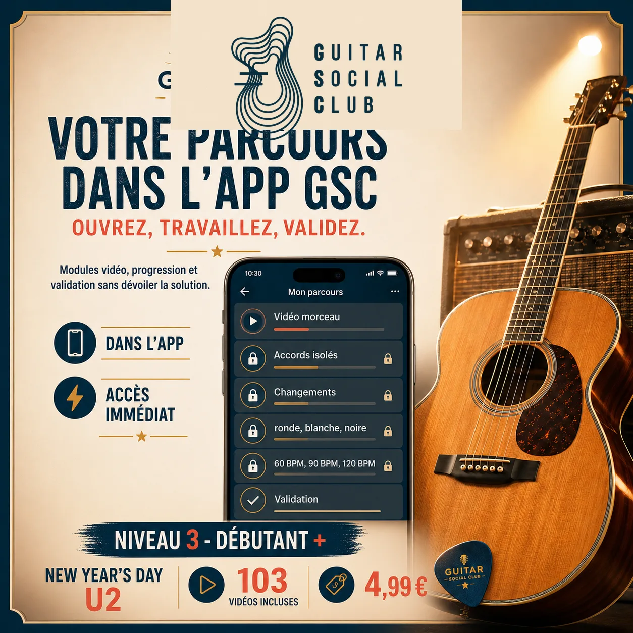 Mockup app Guitar Social Club du parcours New Year's Day