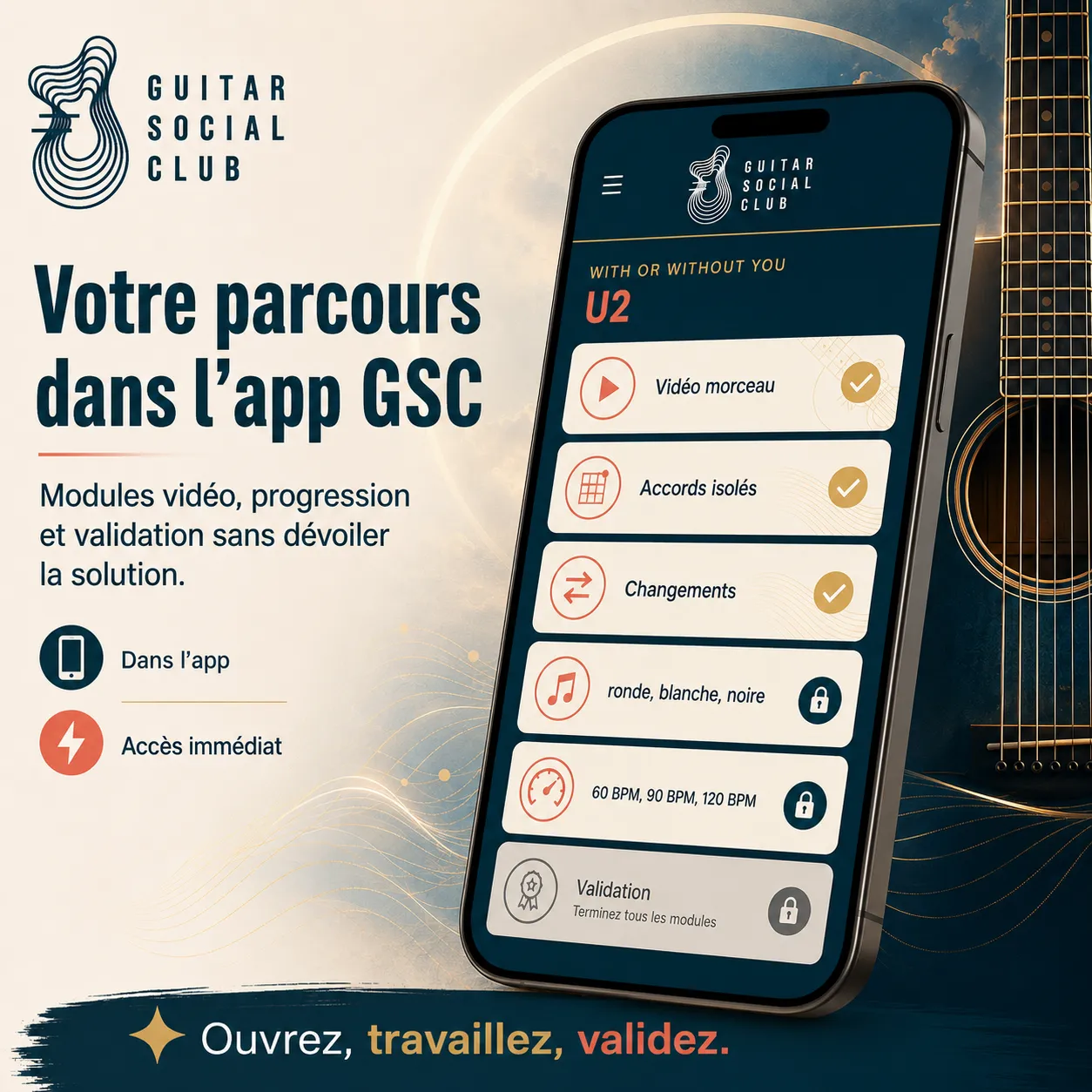 Mockup app Guitar Social Club du parcours With or Without You