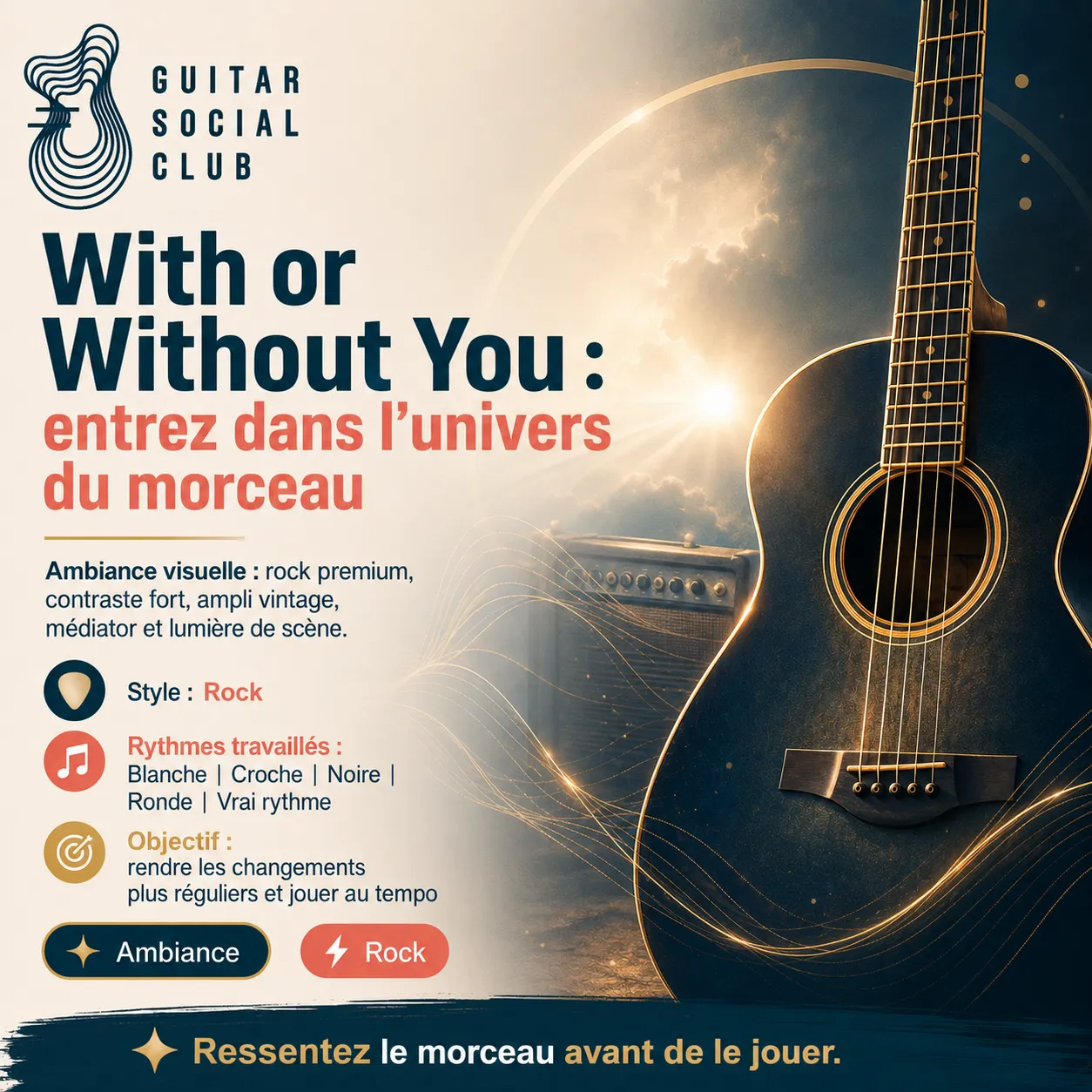 Ambiance rock premium avec guitare et lumière de scène pour With or Without You sans pochette ni artiste