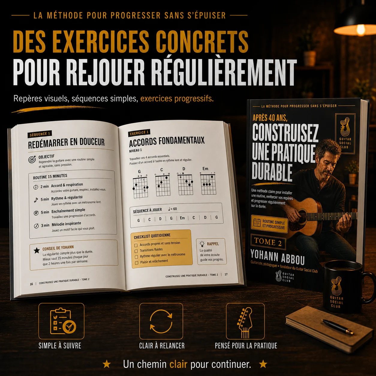 Travail musical guidé du volume 2 pour reprendre la guitare avec une méthode claire et motivante