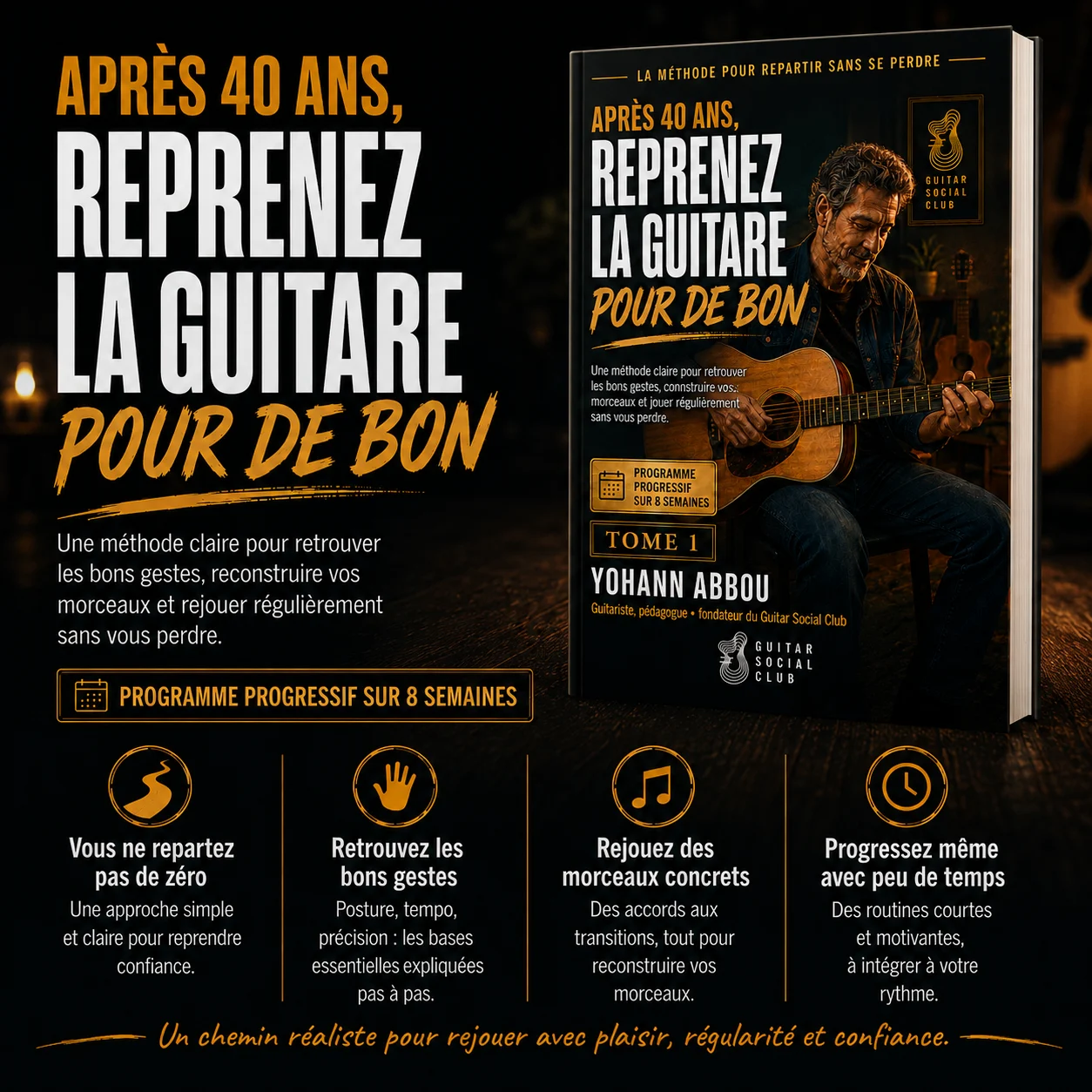Présentation du volume 1 de Reprenez la guitare pour de bon pour reprendre la guitare après 40 ans avec une méthode claire et progressive