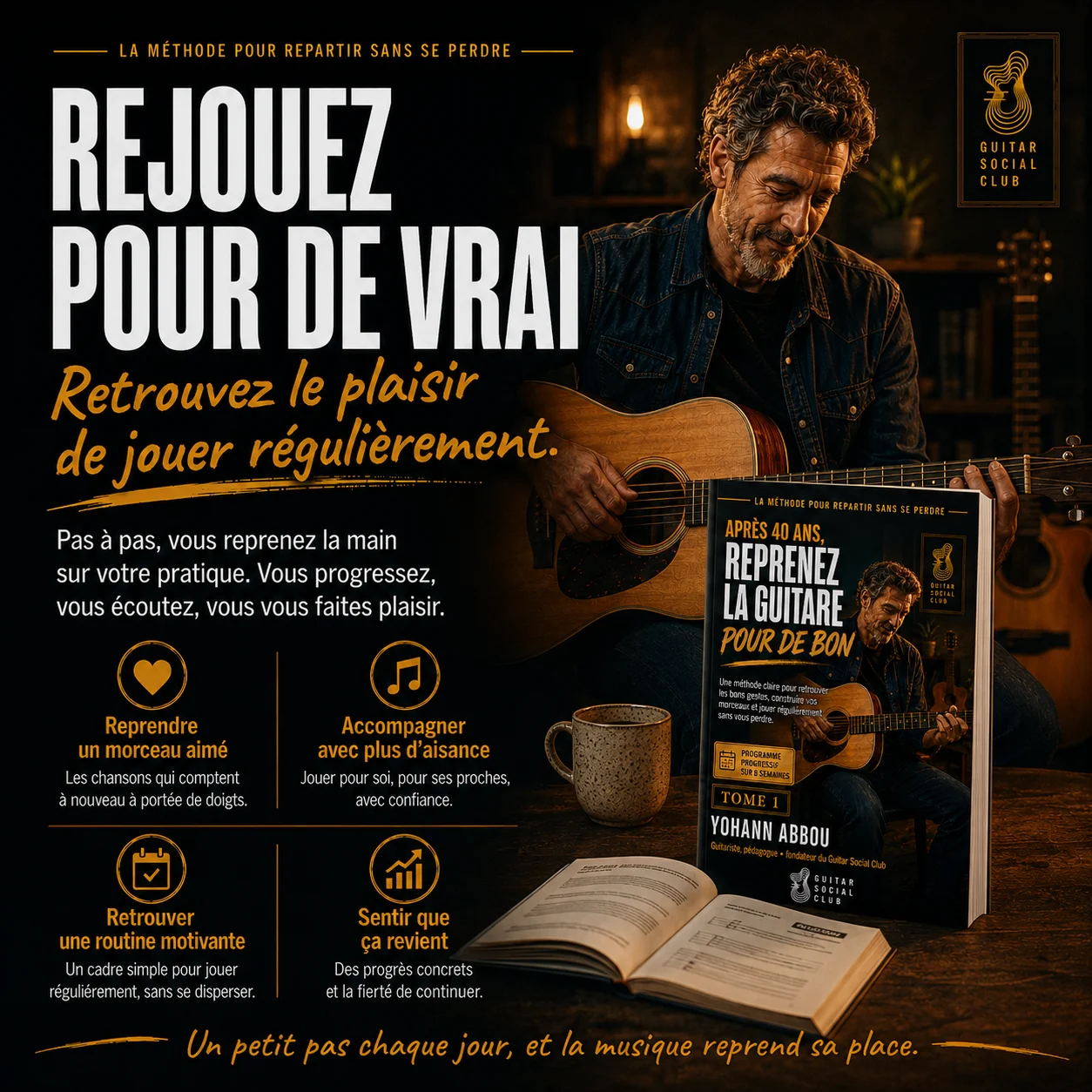 Accompagnement pas à pas pour reprendre la guitare après 40 ans avec des objectifs simples et mesurables