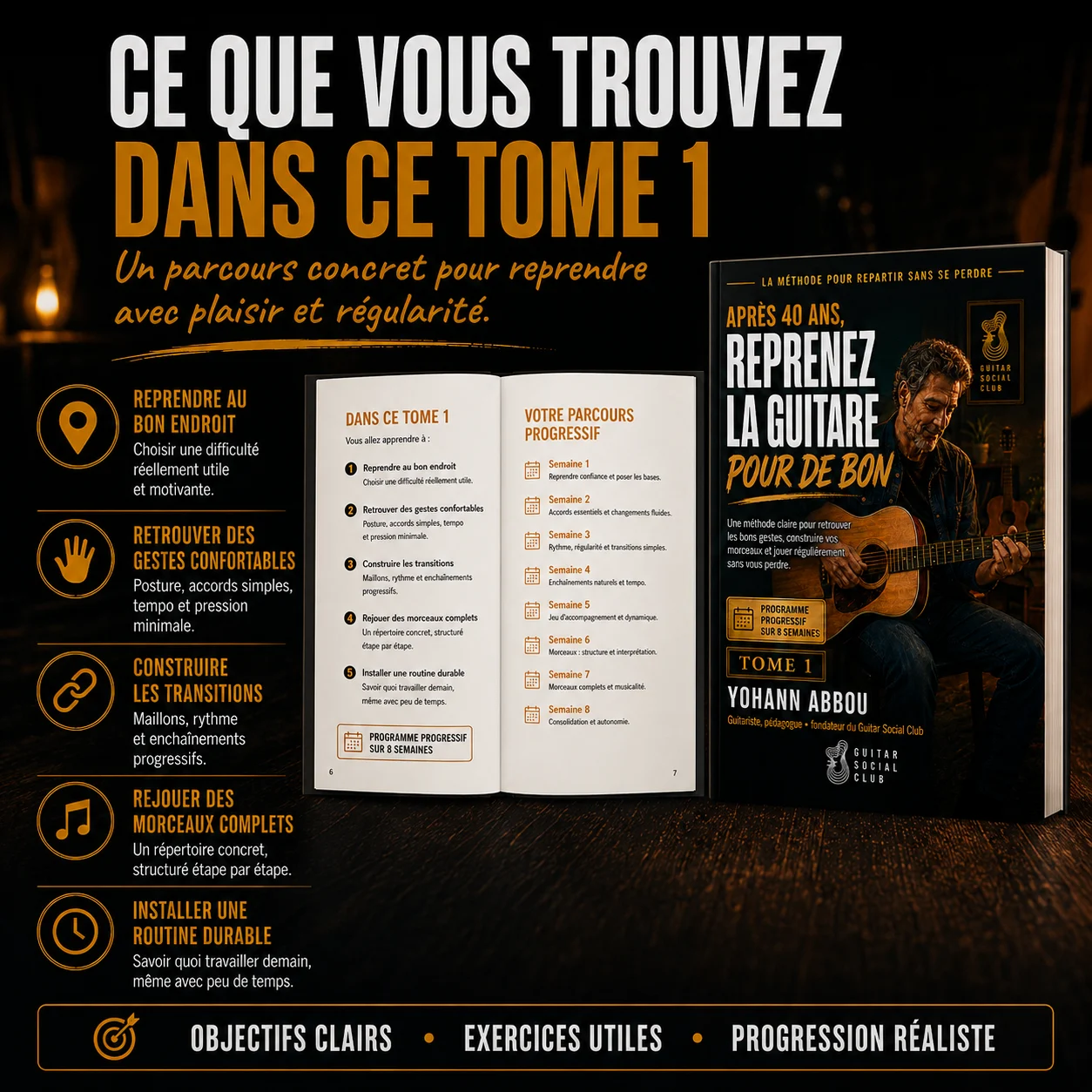 Méthode conçue pour les guitaristes adultes qui veulent reprendre la guitare avec plaisir et régularité