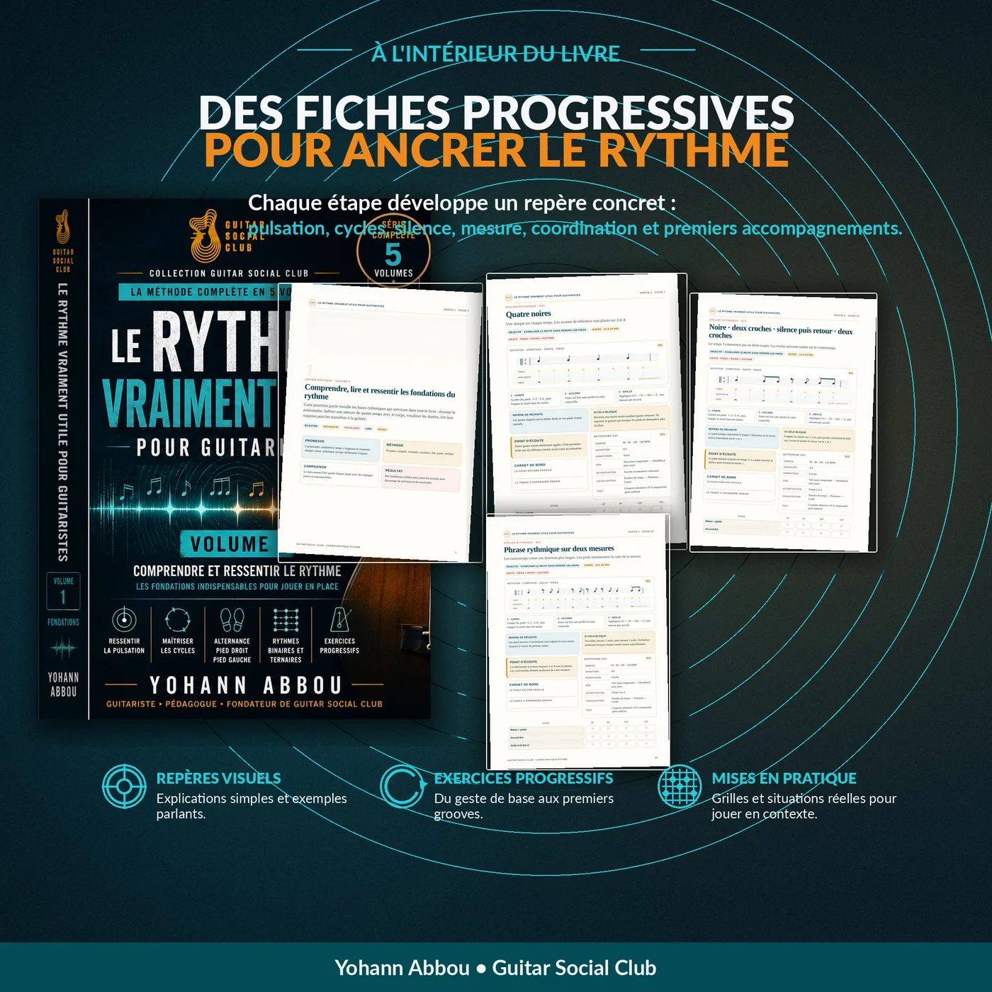 Aperçu intérieur des fiches progressives du volume 1 pour travailler pulsation, mesures, noires et premiers accompagnements