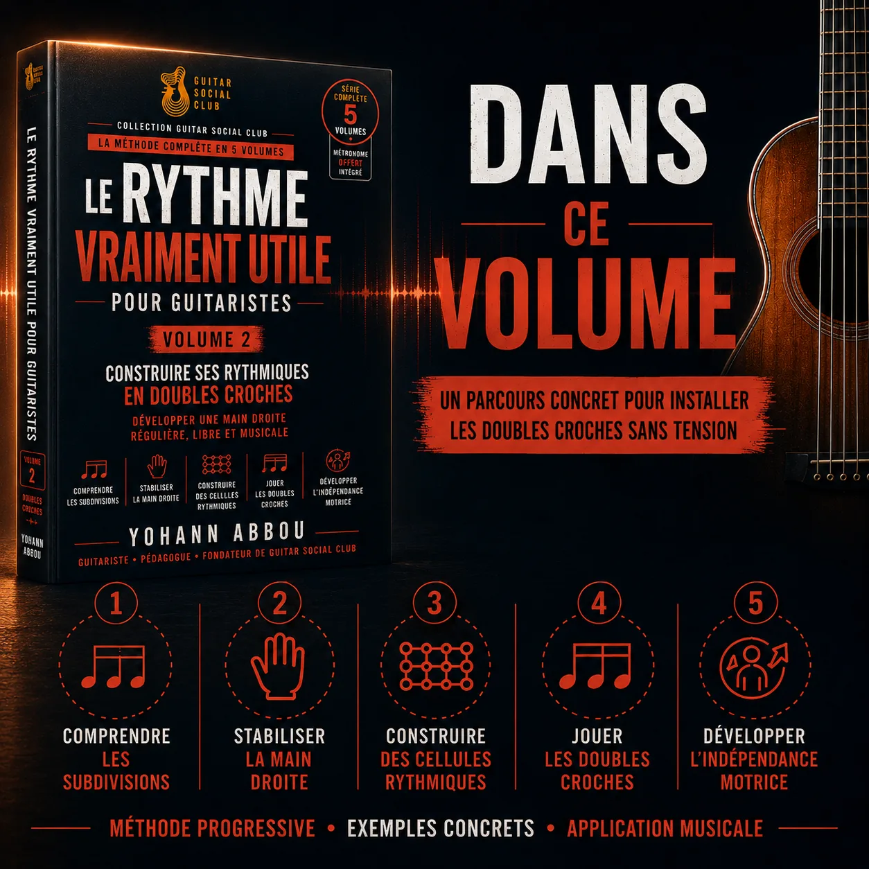 Programme du volume 2 pour comprendre les subdivisions, stabiliser la main droite et construire des cellules rythmiques en doubles croches