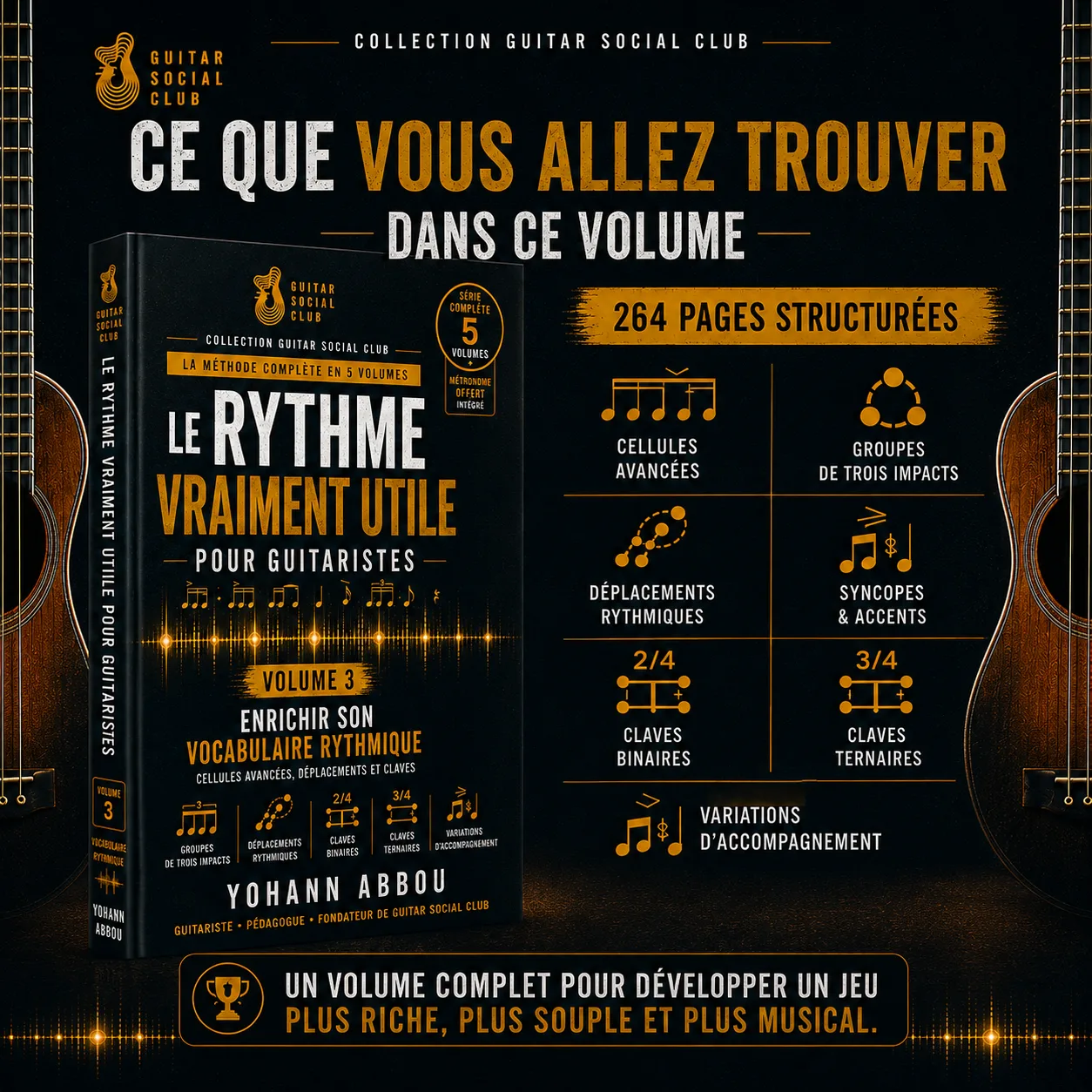 Programme du volume 3 pour travailler cellules avancées, groupes de trois impacts, déplacements rythmiques, syncopes, accents et variations d’accompagnement