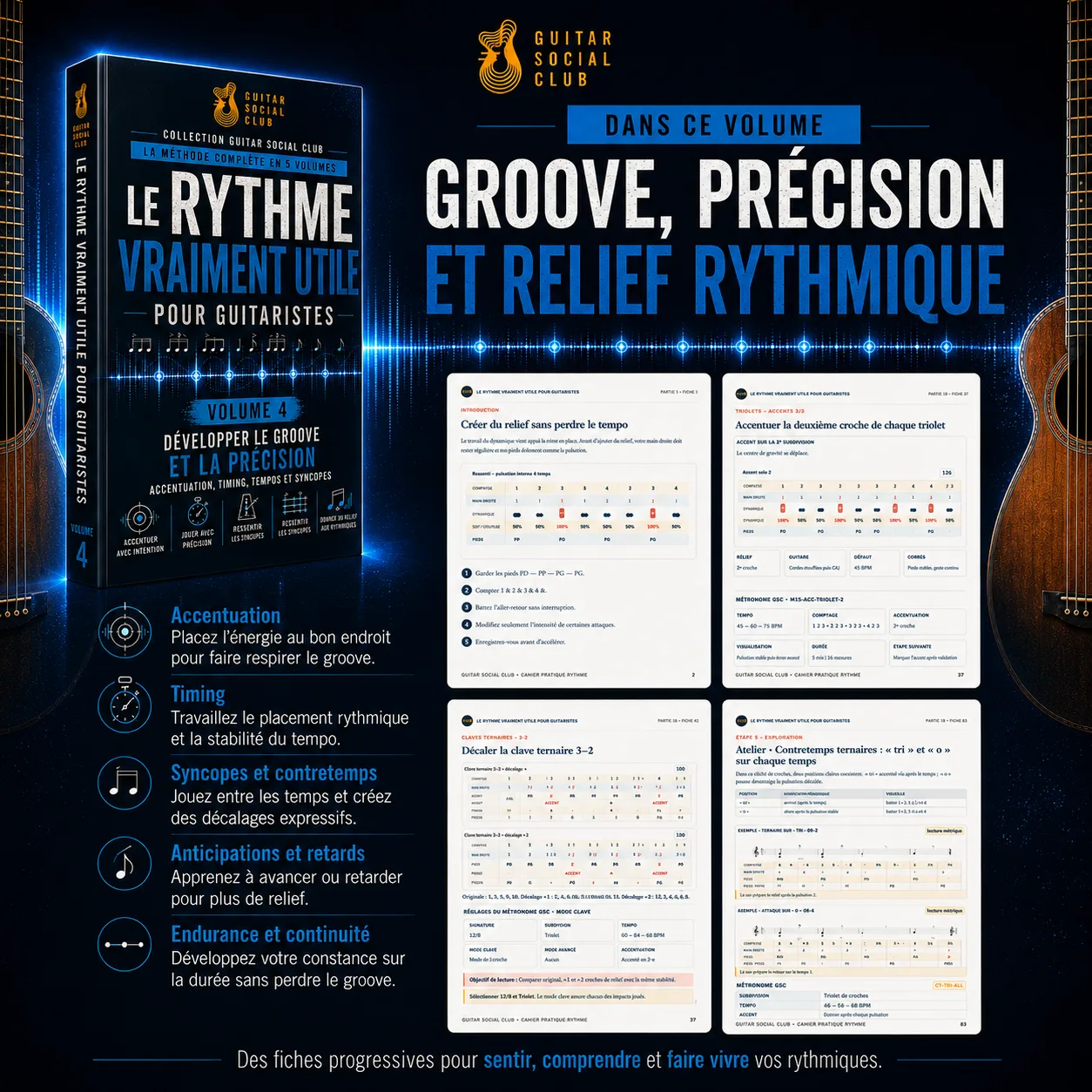 Programme du volume 4 autour du groove, de la précision, des syncopes, des placements rythmiques et du relief musical