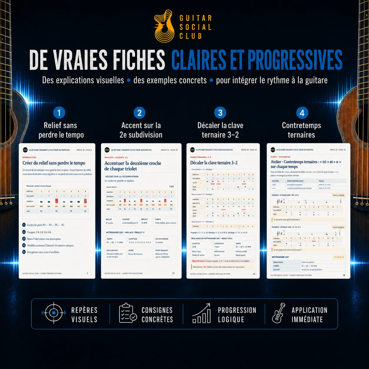 Fiches claires et progressives du volume 4 pour travailler les accents, claves, contretemps, anticipations et variations rythmiques