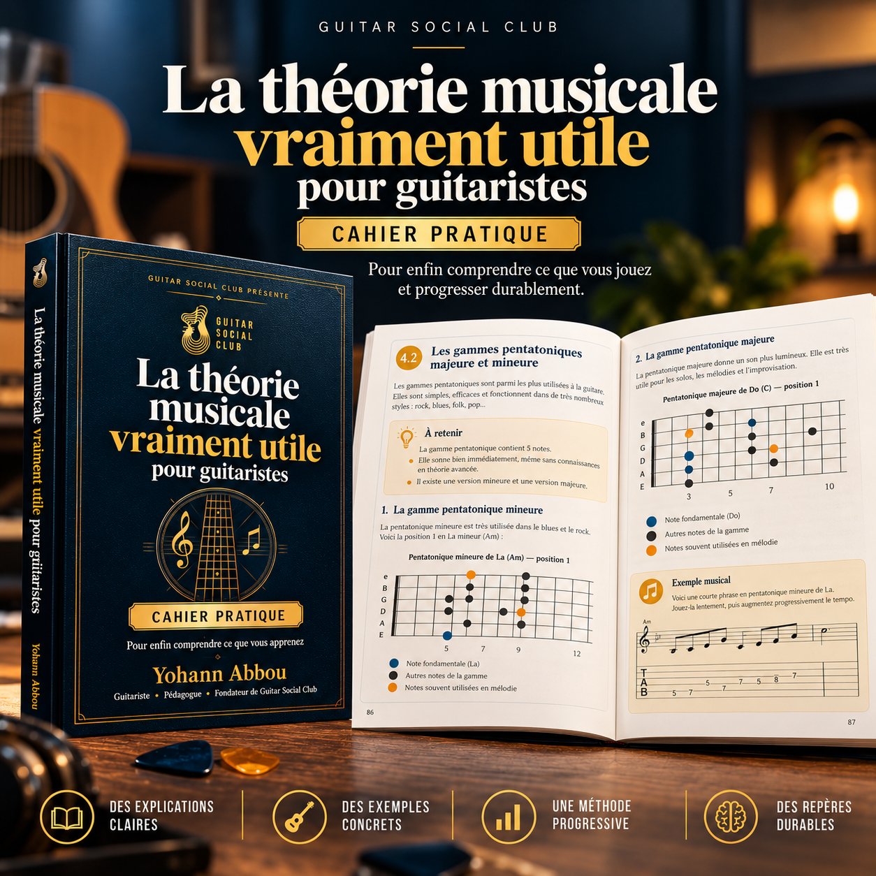Cahier de théorie musicale pour guitaristes avec les notions essentielles pour comprendre notes, intervalles et accords