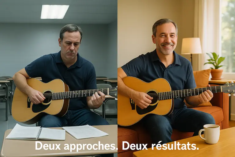 Split screen : à gauche un homme triste en classe, à droite le même homme souriant chez lui avec sa guitare