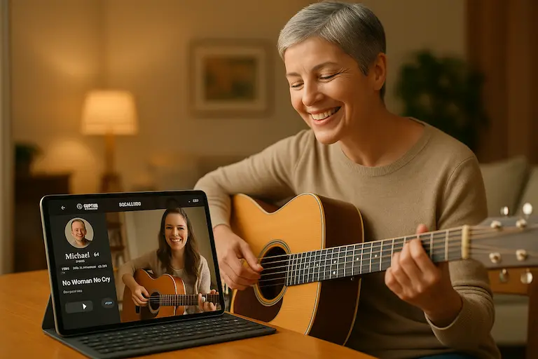 Femme jouant de la guitare chez elle avec l'application Guitar Social Club sur tablette