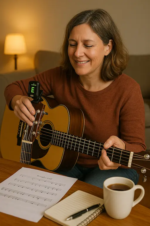 Guitariste vérifiant son accordage