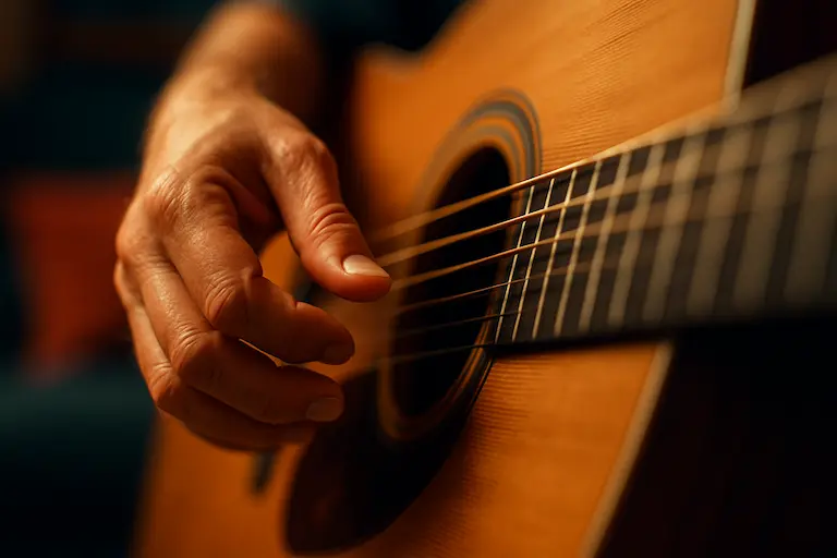 Doigts créant une musique vibrante Doigts vibrant sur les cordes d’une guitare, importance de l’humain en musique