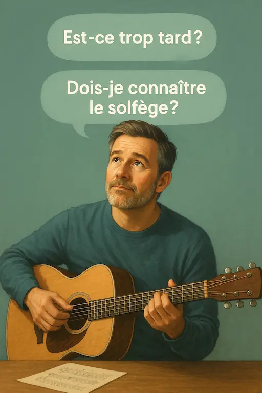 Guitariste regardant vers le haut, deux bulles : 'Est-ce trop tard ?', 'Dois-je connaître le solfège ?'