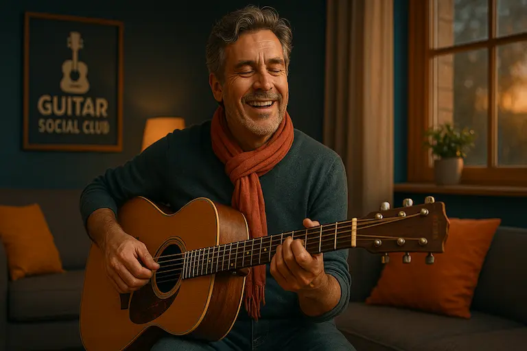 Guitariste développant un style unique Guitariste jouant avec style dans un salon cozy, importance de l’humain en musique