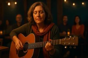 Guitariste de 50 ans jouant avec émotion
