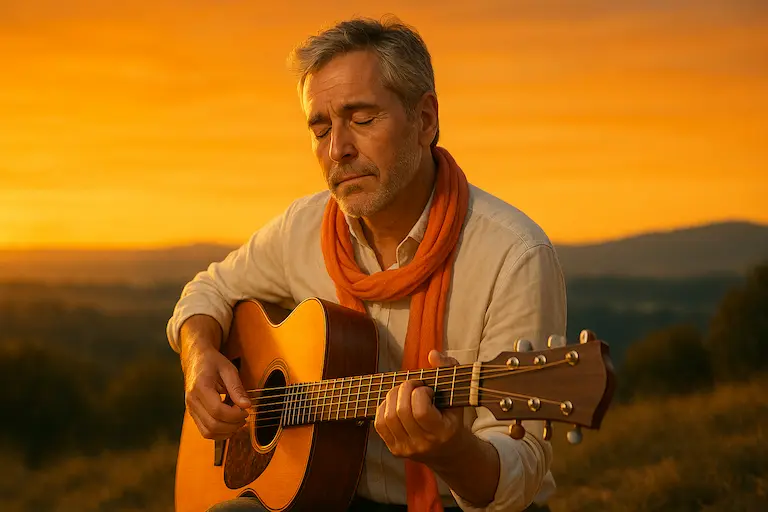 Guitariste jouant avec cœur au coucher du soleil Guitariste jouant au coucher du soleil, importance de l’humain en musique